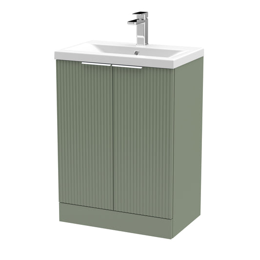 Hudson Reed Fluted 600mm Satin Green Floor Standing 2-Door Vanity Unit with Basin