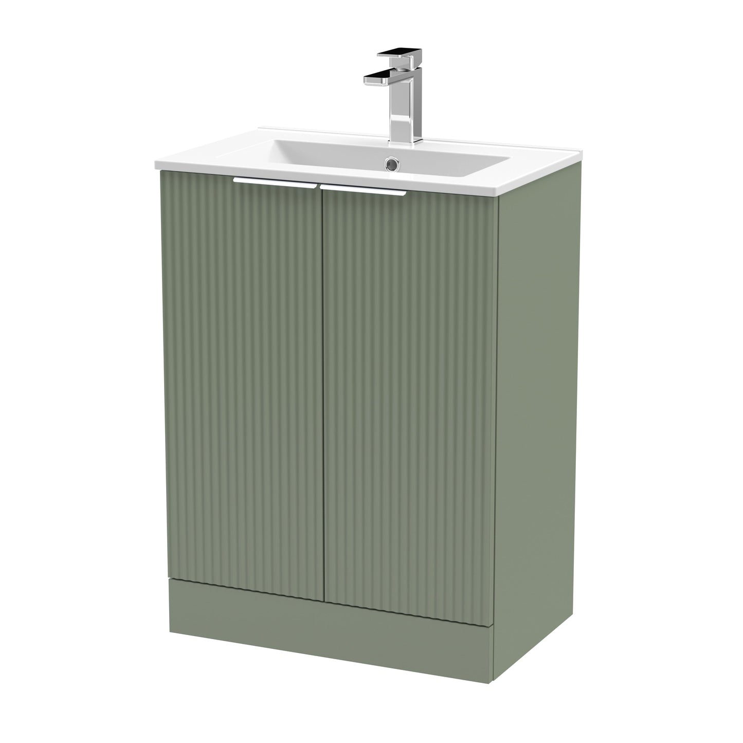 Hudson Reed Fluted 600mm Satin Green Floor Standing 2-Door Vanity Unit With Basin