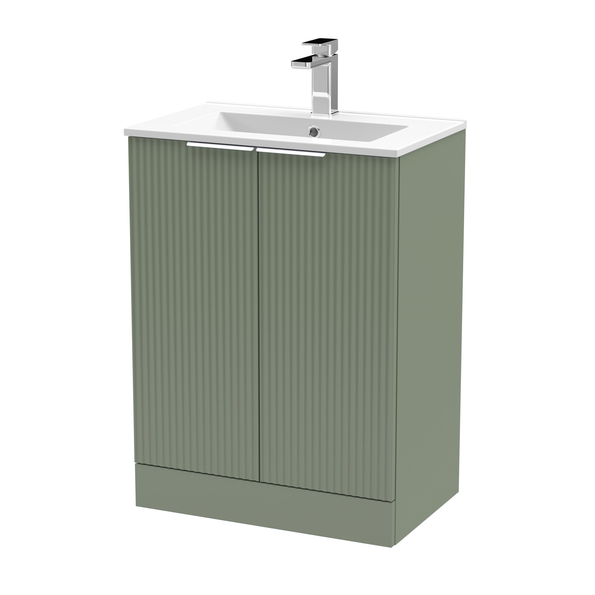 Hudson Reed Fluted 600mm Satin Green Floor Standing 2-Door Vanity Unit With Basin