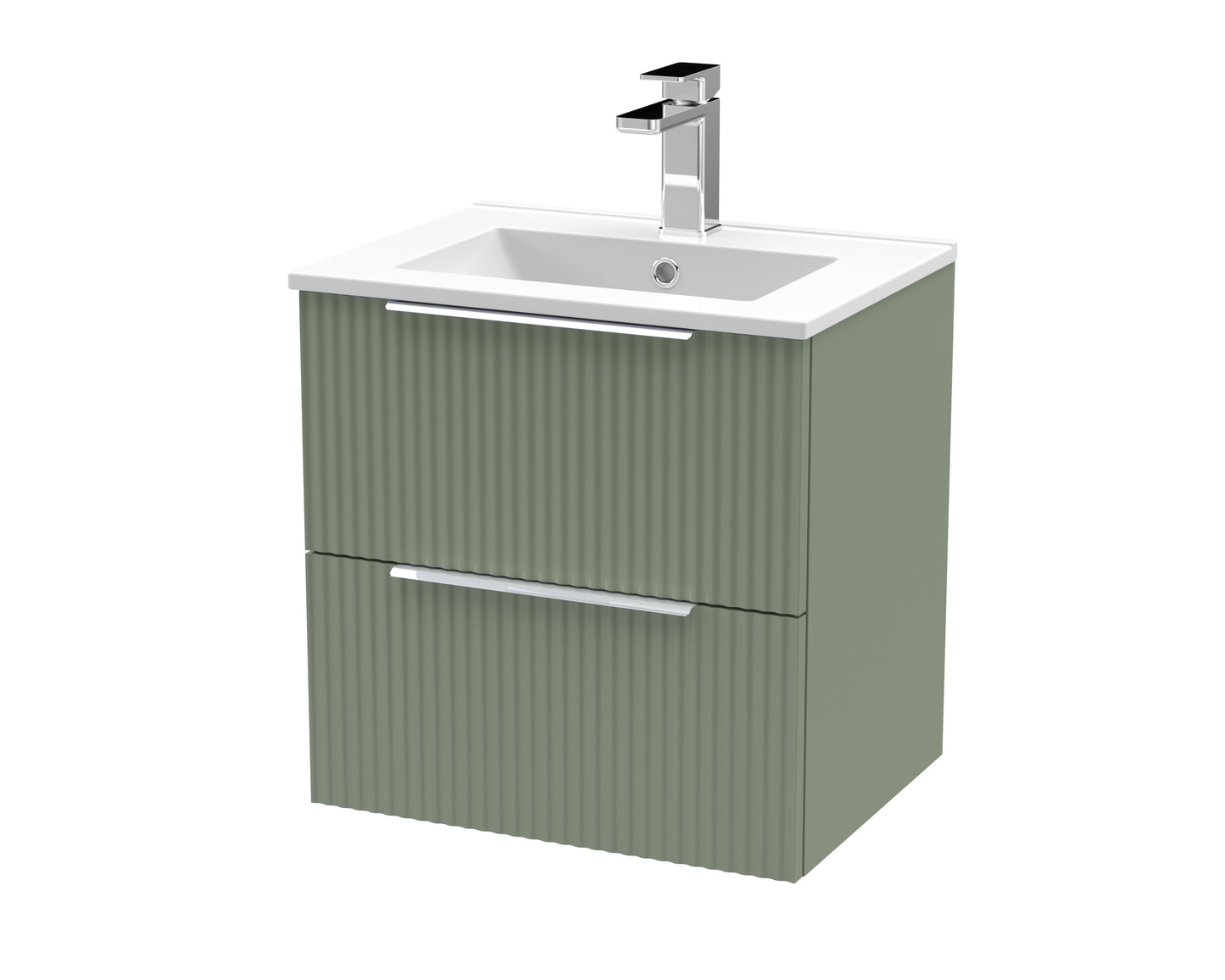 Hudson Reed Fluted 500mm Satin Green Wall Hung 2-Drawer Vanity Unit Including Basin