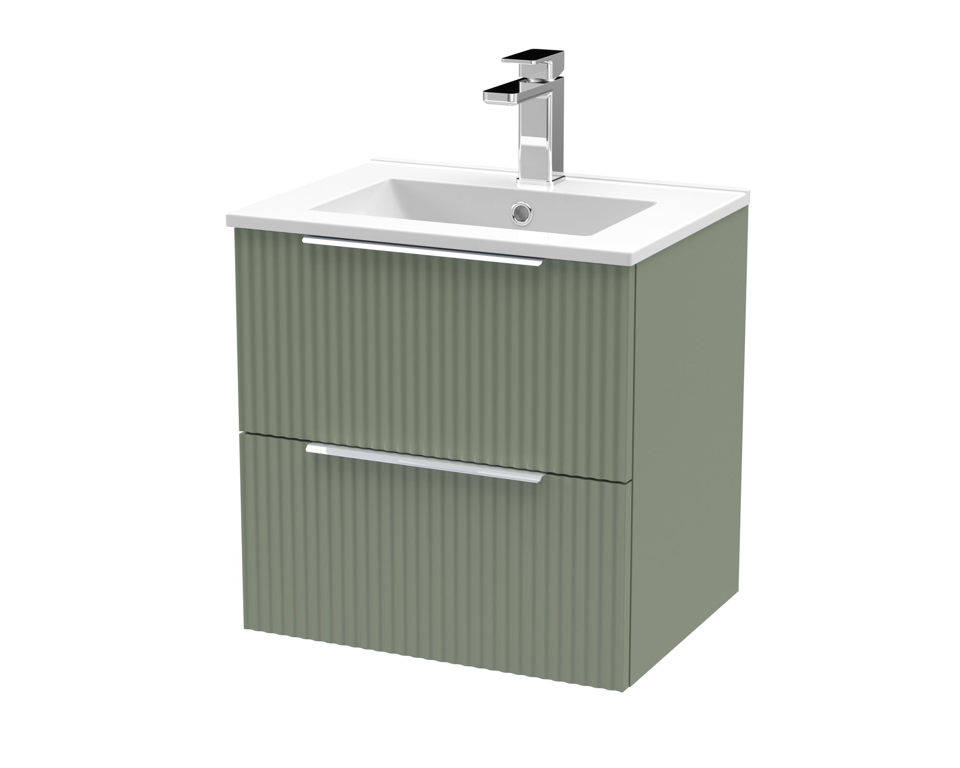 Hudson Reed Fluted 500mm Satin Green Wall Hung 2-Drawer Vanity Unit Including Basin