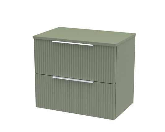 Hudson Reed Fluted 600mm Satin Green Wall Hung 2-Drawer Vanity Unit With Worktop