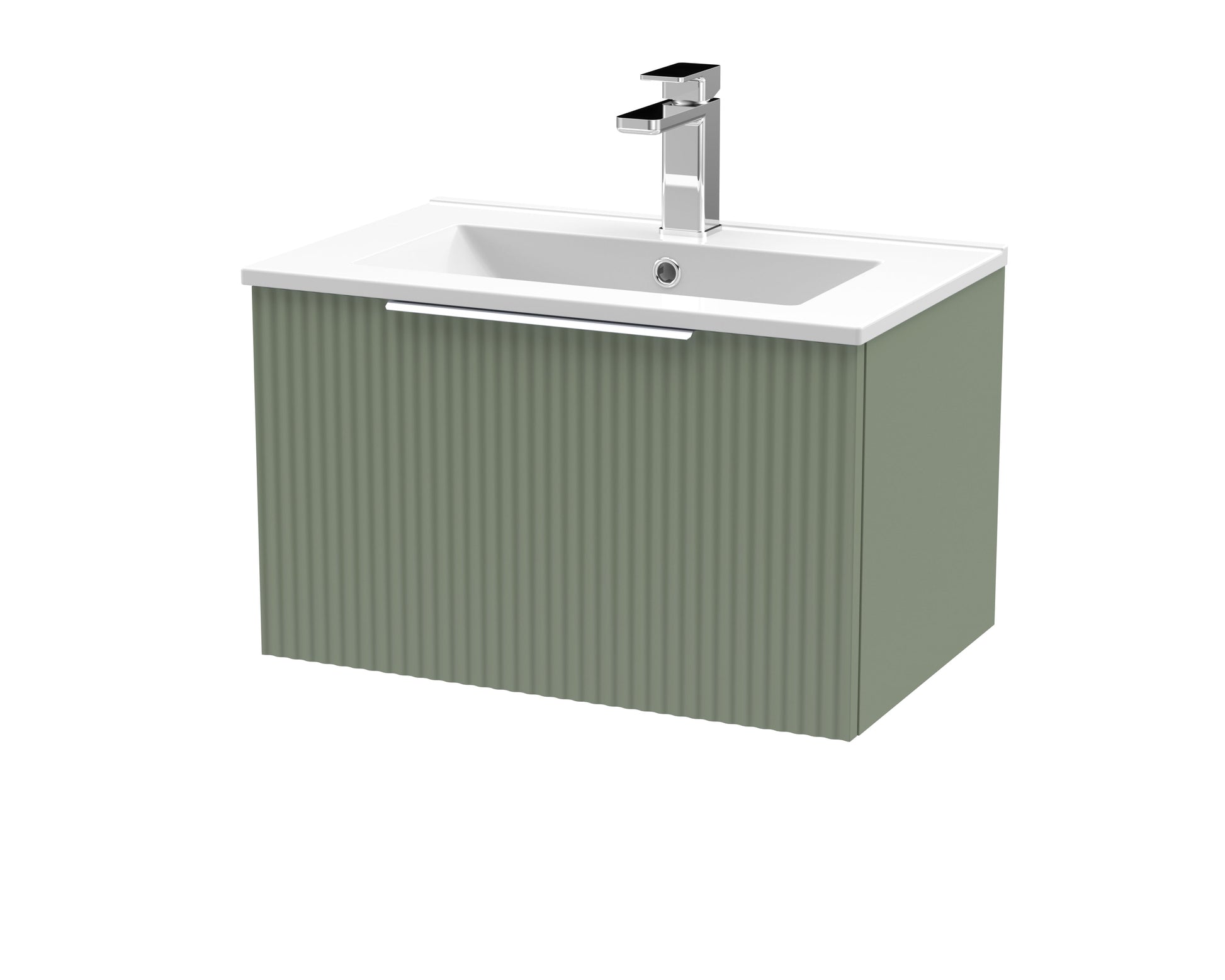 Hudson Reed Fluted 600mm Satin Green Wall Hung Single Drawer Vanity Unit With Basin