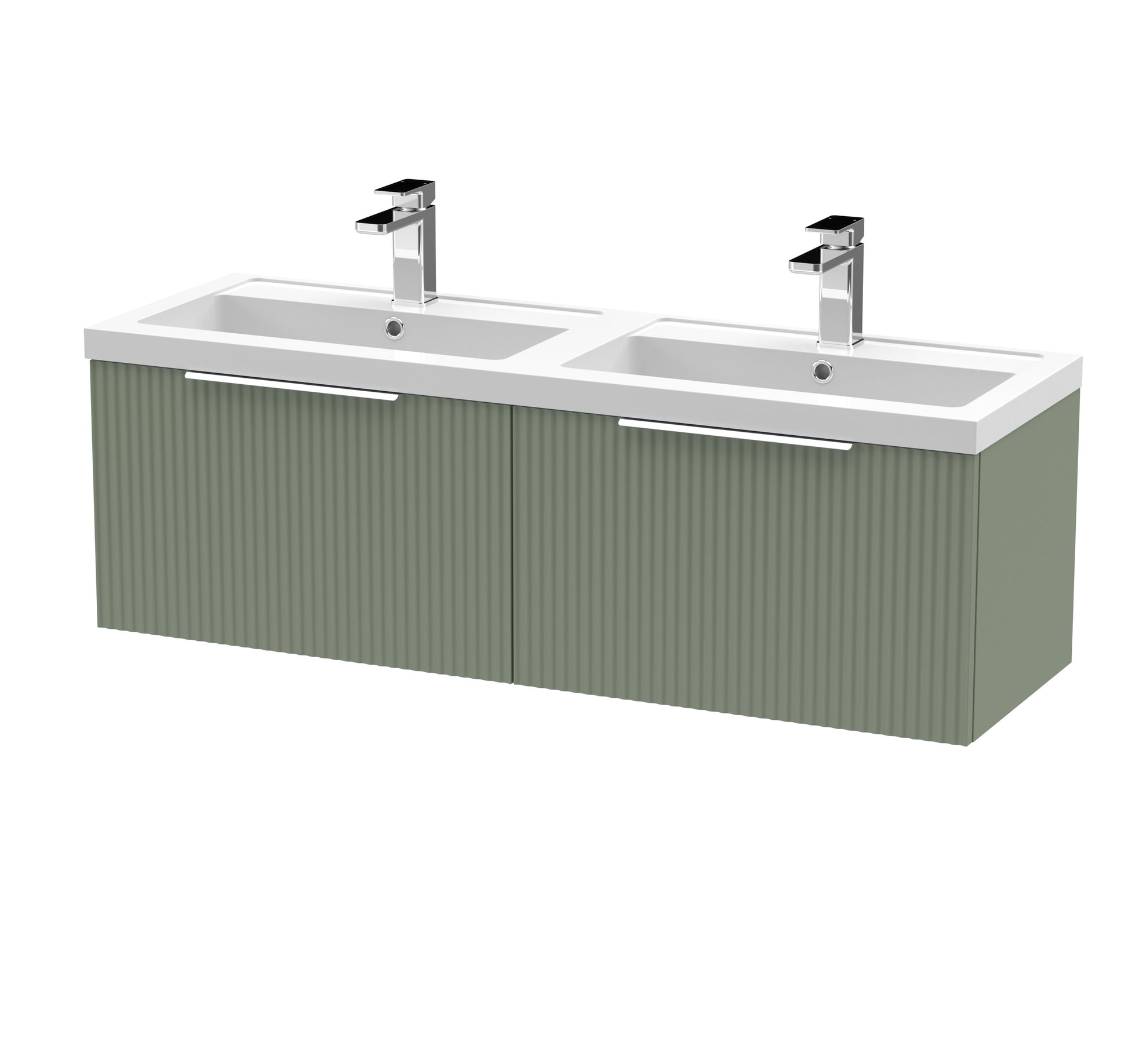 Hudson Reed Fluted 1205mm Satin Green Wall Hung 2-Drawer Vanity Unit With Double Polymarble Basin