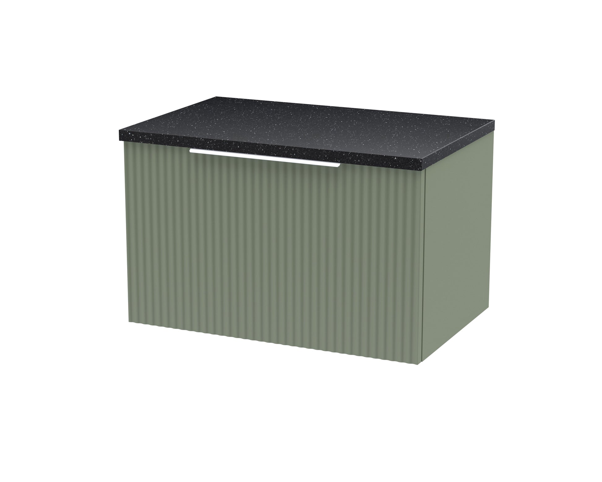 Hudson Reed Fluted 600mm Wall Hung Satin Green Single Drawer Vanity Unit With Laminate Top