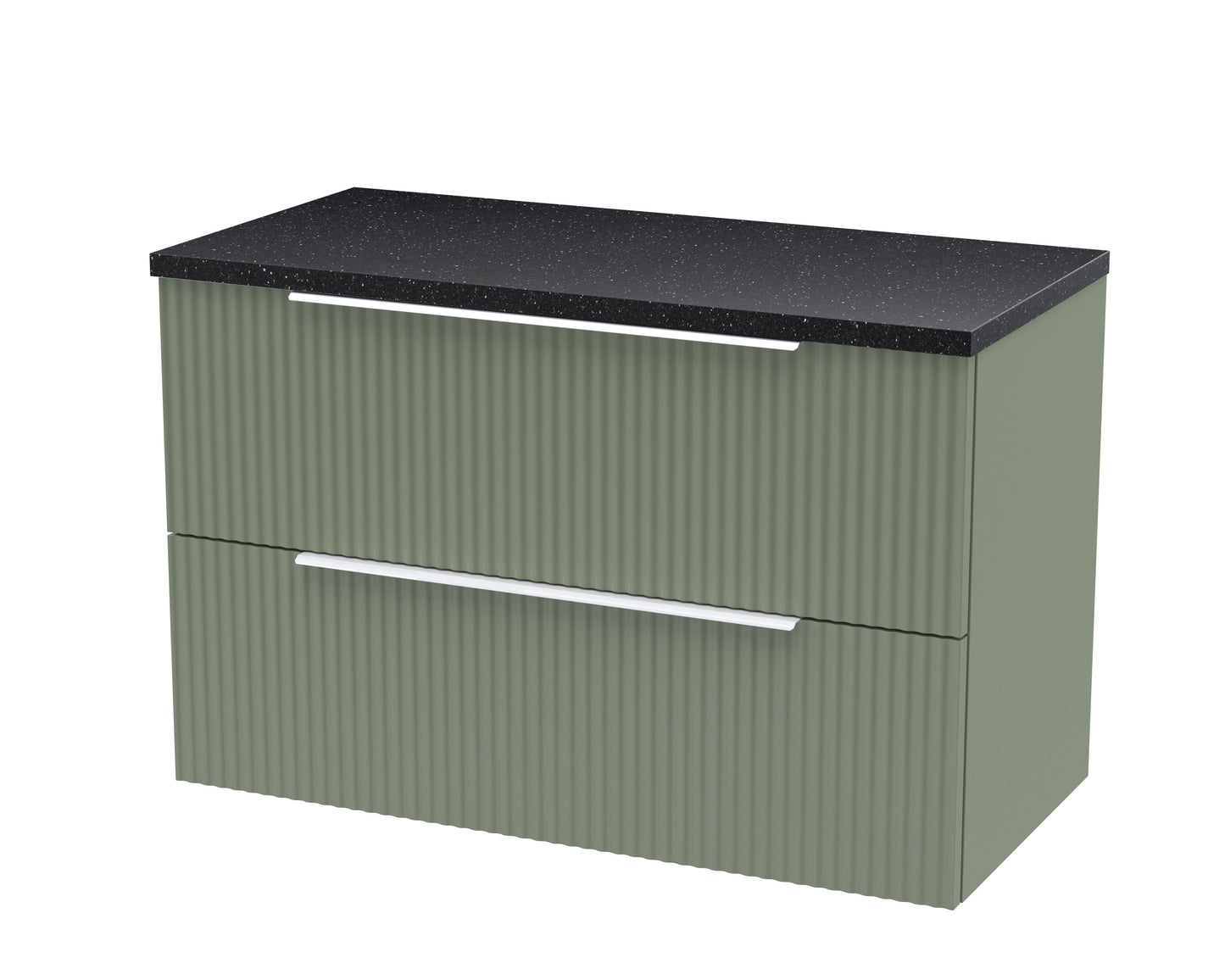 Hudson Reed Fluted 800mm Satin Green Wall Hung 2-Drawer Vanity Unit with Laminate Worktop