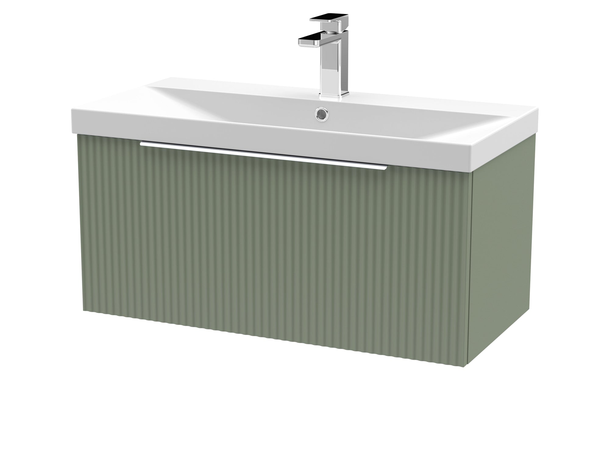 Hudson Reed Fluted 800mm Satin Green Wall Hung Single Drawer Vanity Unit With Thin-Edge Basin
