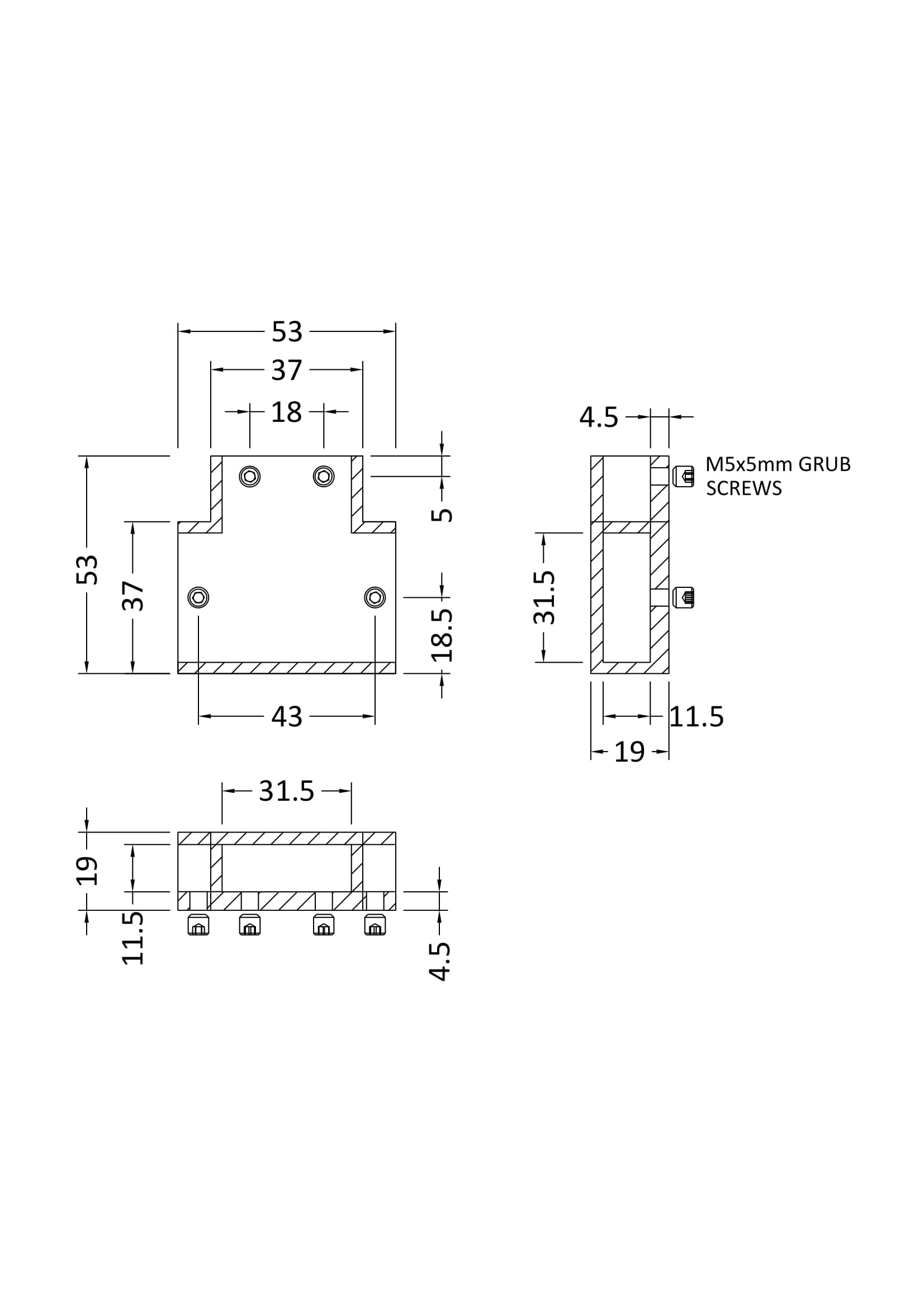 Wetroom Screen Accessories Support Arm T Piece, 19mm x 53mm x 53mm