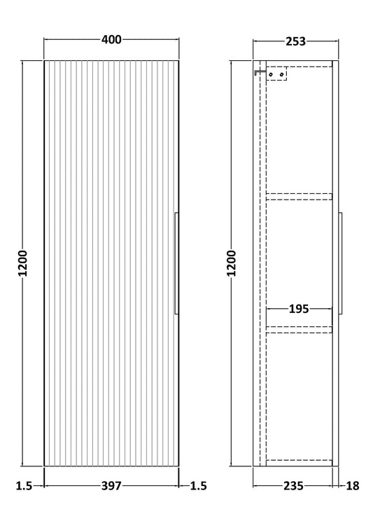Hudson Reed Fluted 400mm 1 Door Soft Black Wall Hung Tall Cabinet With Handles