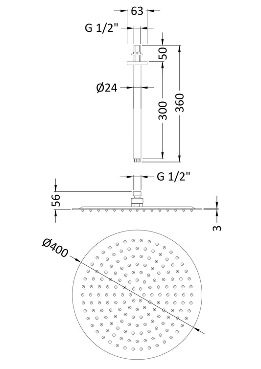 Hudson Reed Fixed Heads 400mm Chrome Ceiling Mounted Shower Head With Arm