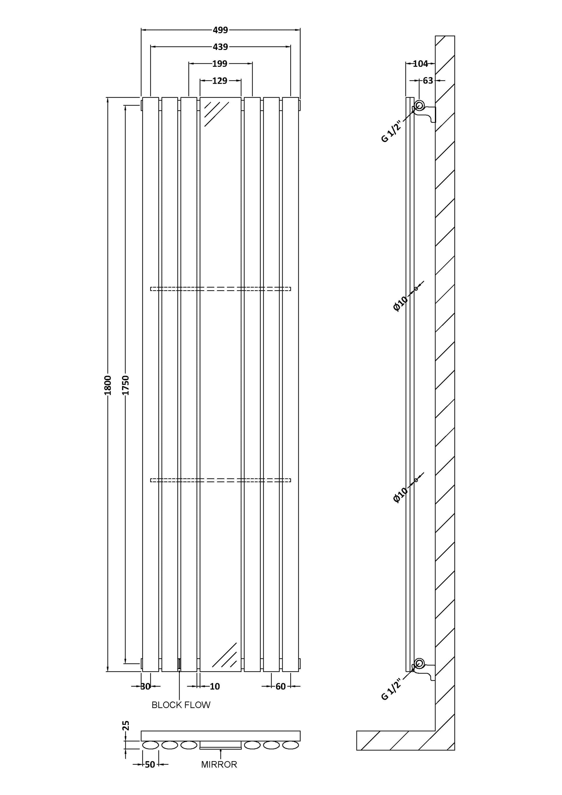 Single Panel Radiator With Mirror 1800 x 499mm