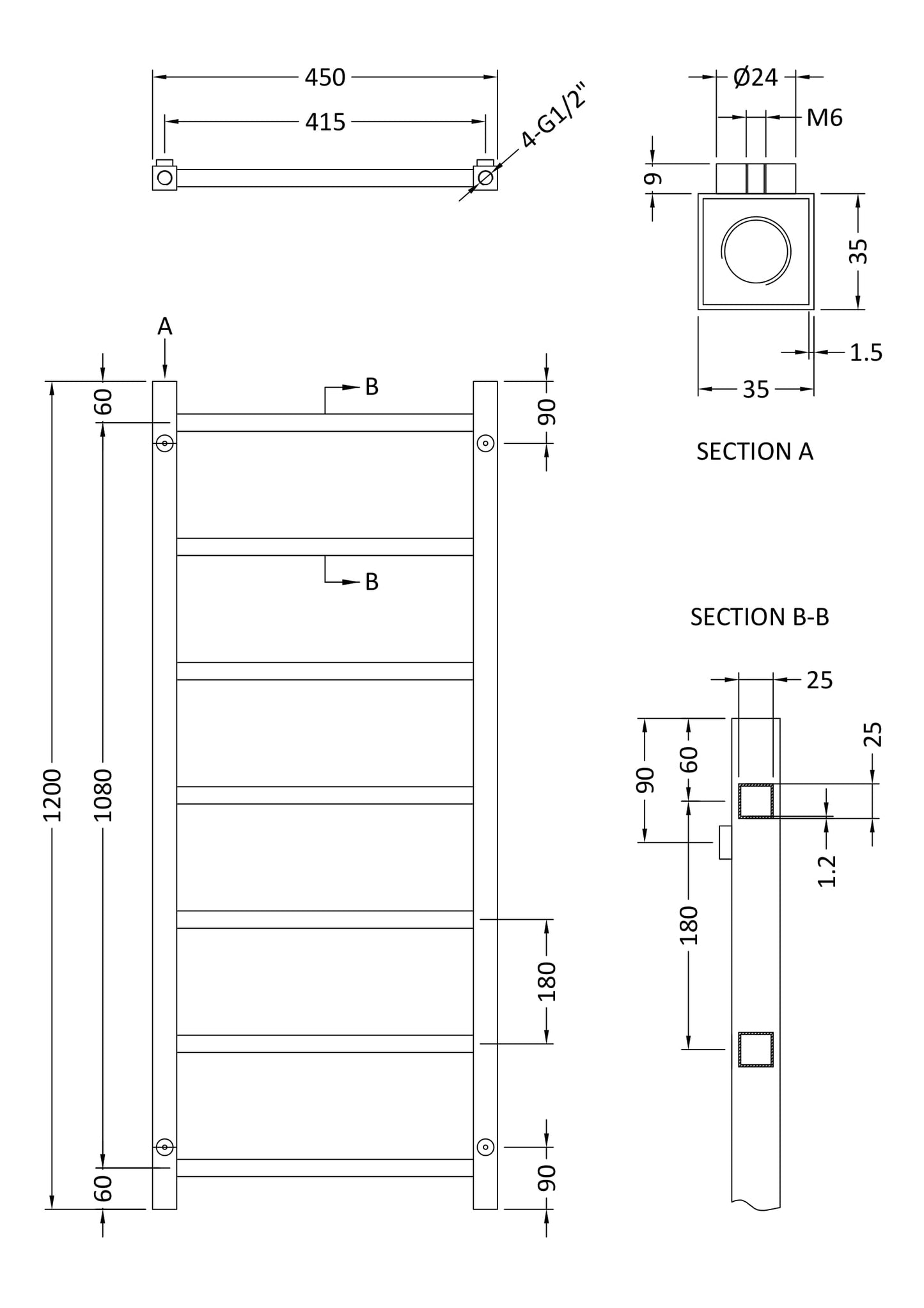 Heated Towel Rail 1200 x 450mm