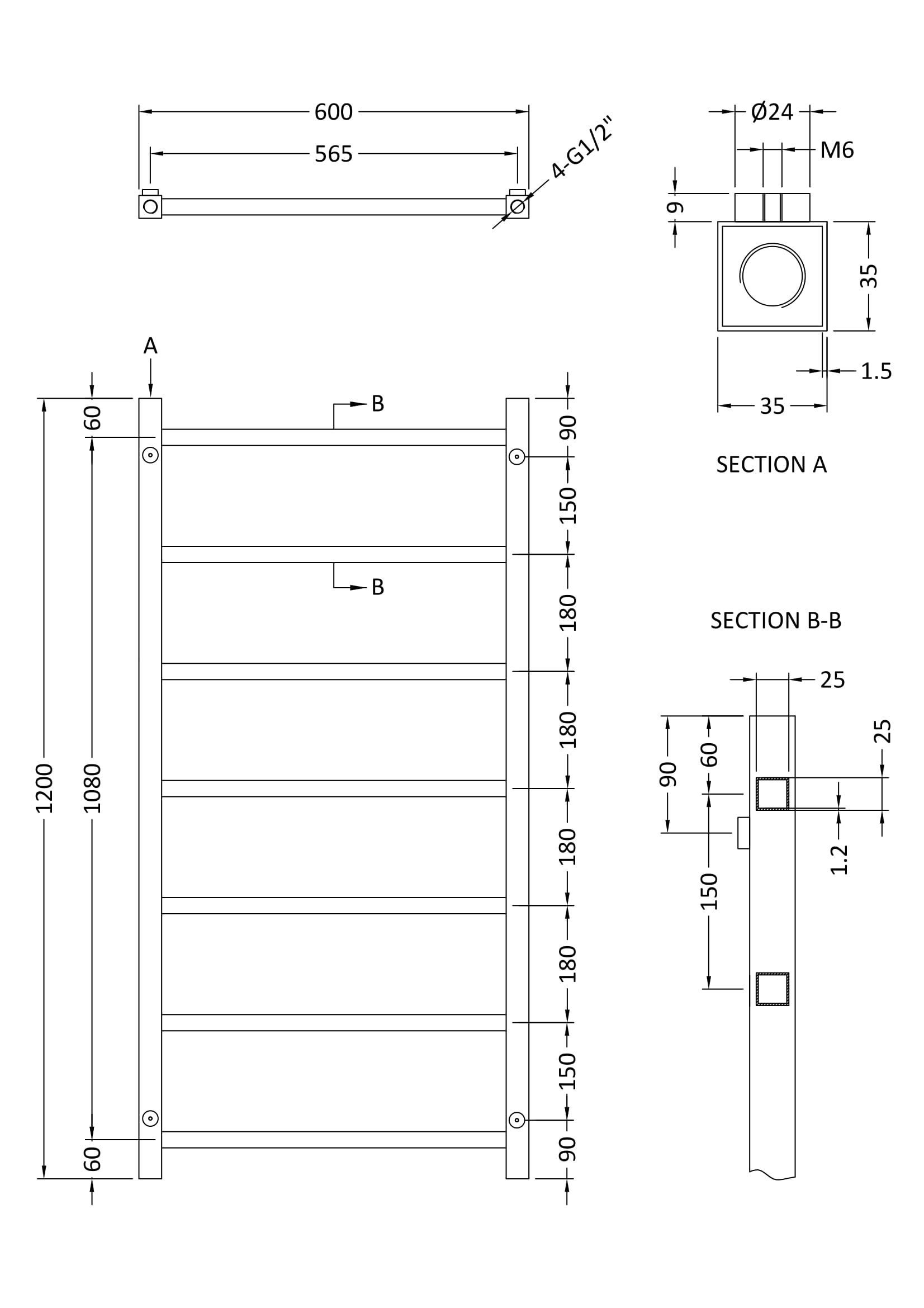 Heated Towel Rail 1200 x 600mm