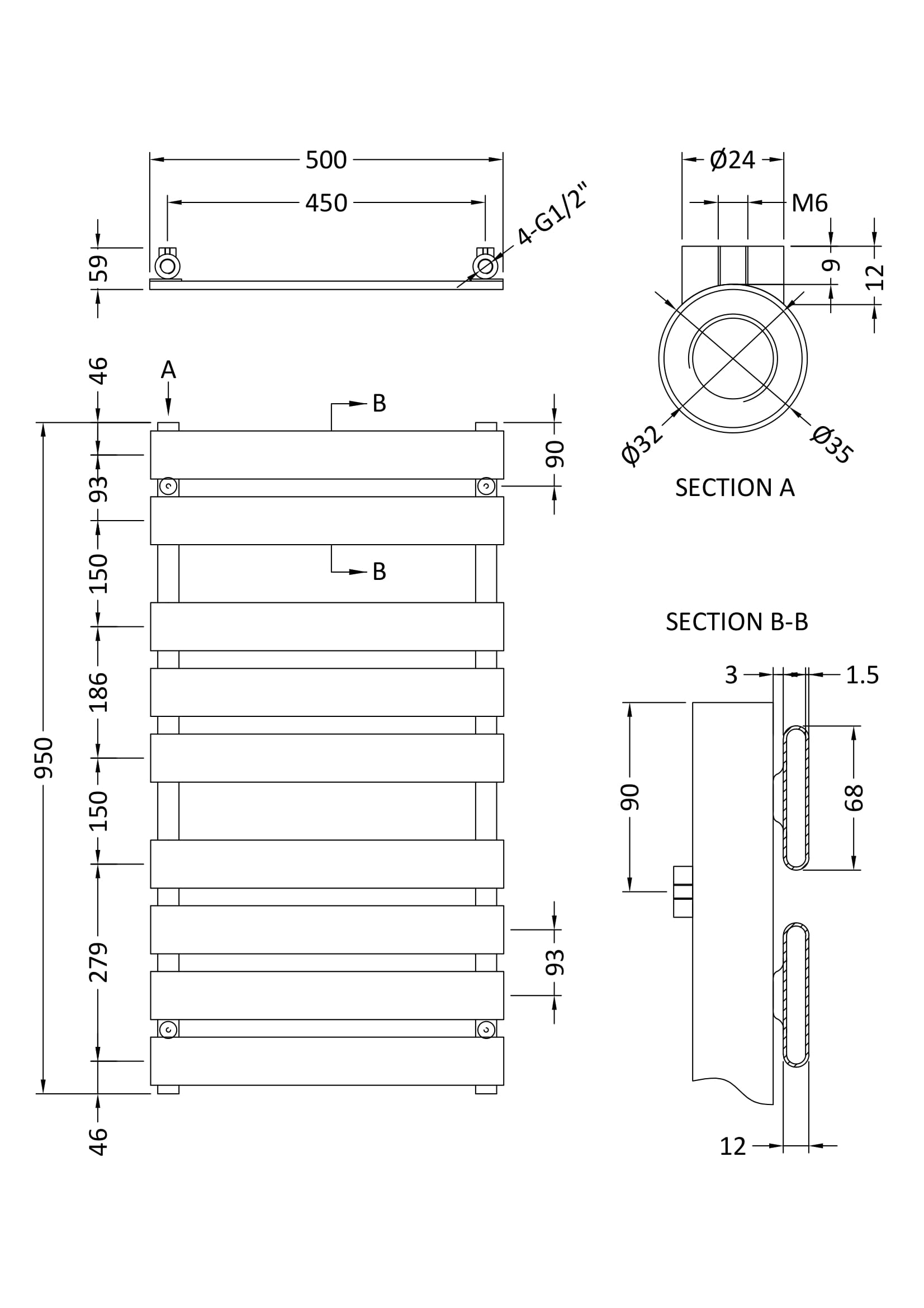Heated Towel Rail 950 x 500mm
