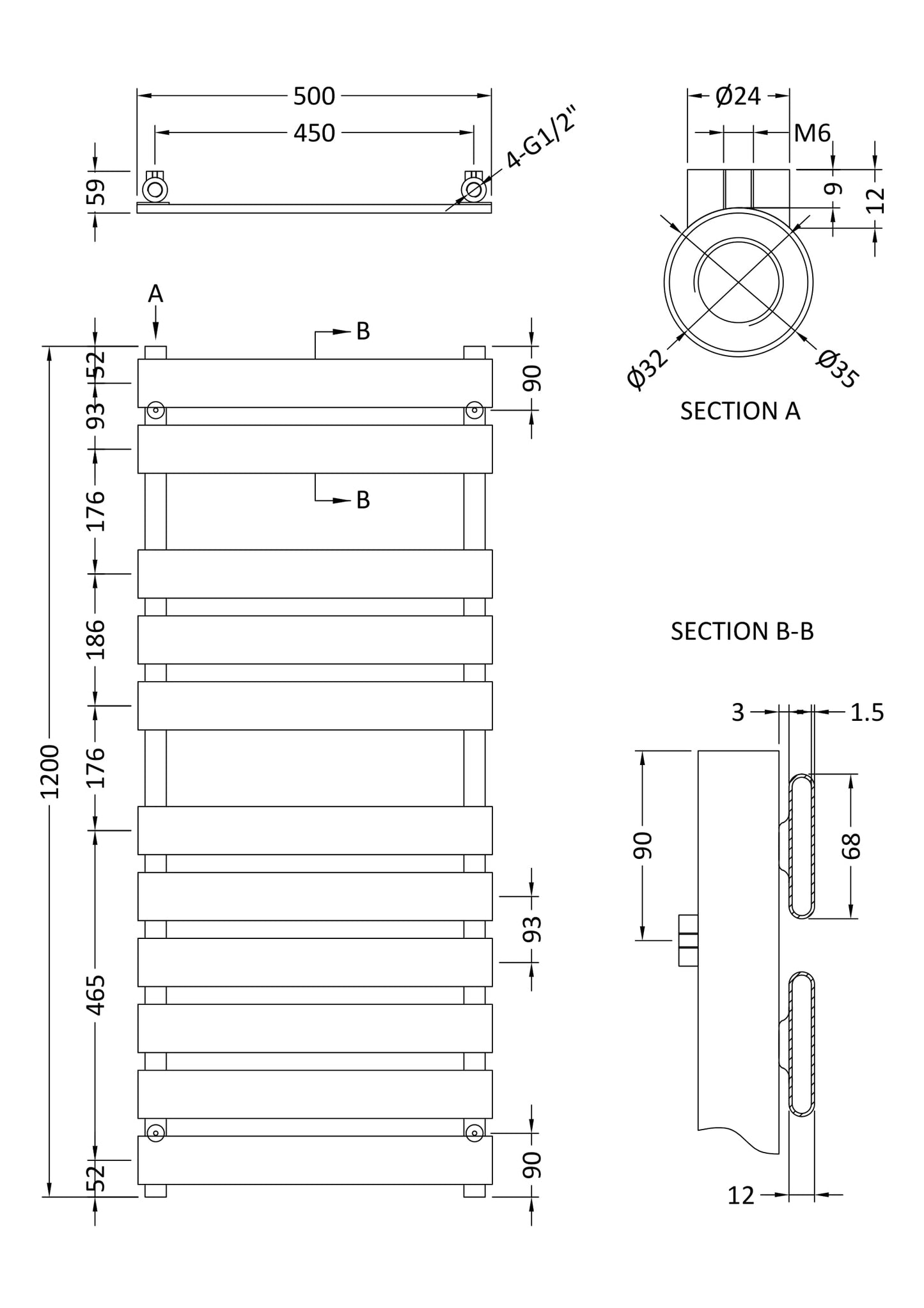 Heated Towel Rail 1200 x 500mm