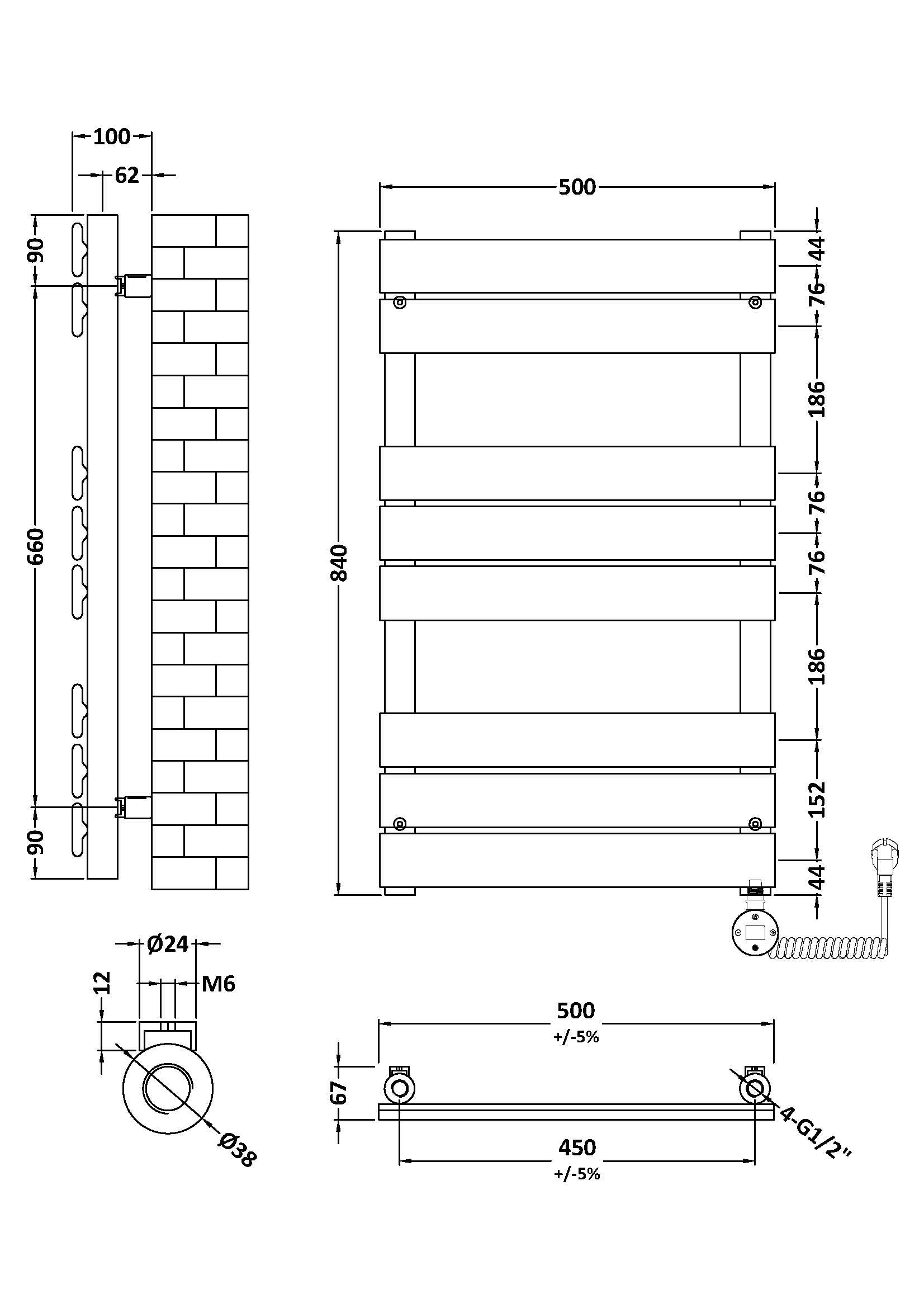 Electric Square Flat Towel Rail with 8 Bars, 840mm x 500mm