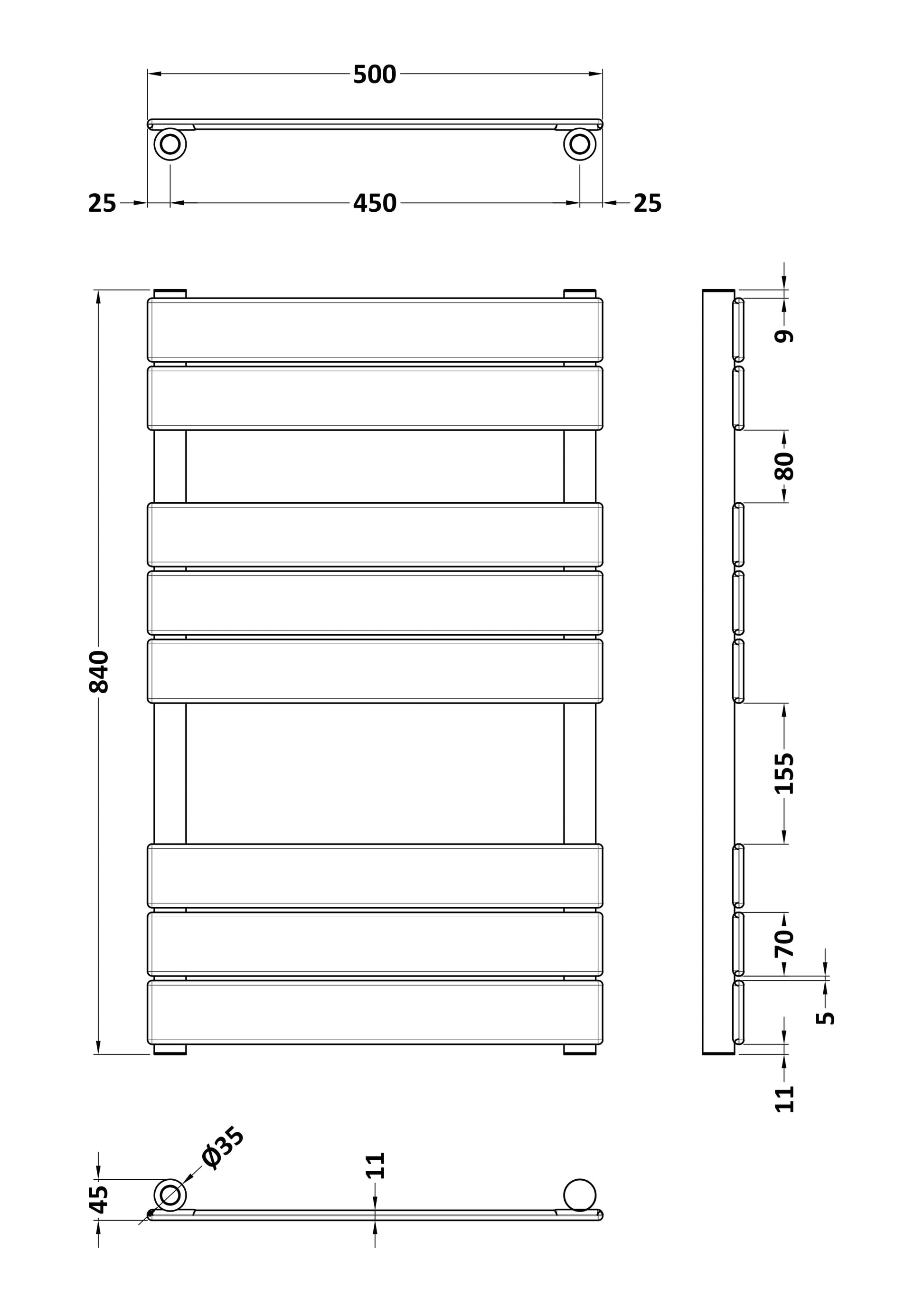 Piazza Square Towel Radiator with Flat Panels 840mm x 500mm