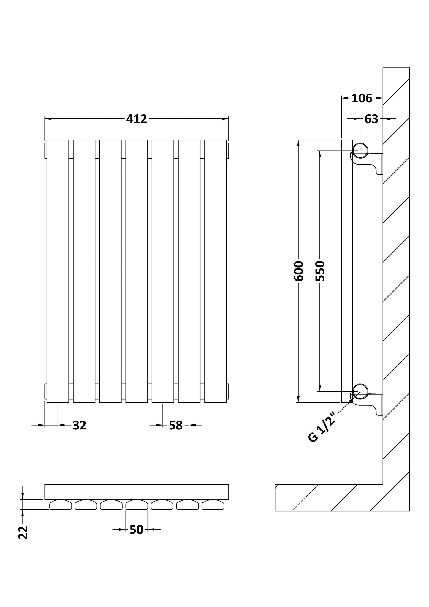 Horizontal Single Panel Radiator 600 x 412mm