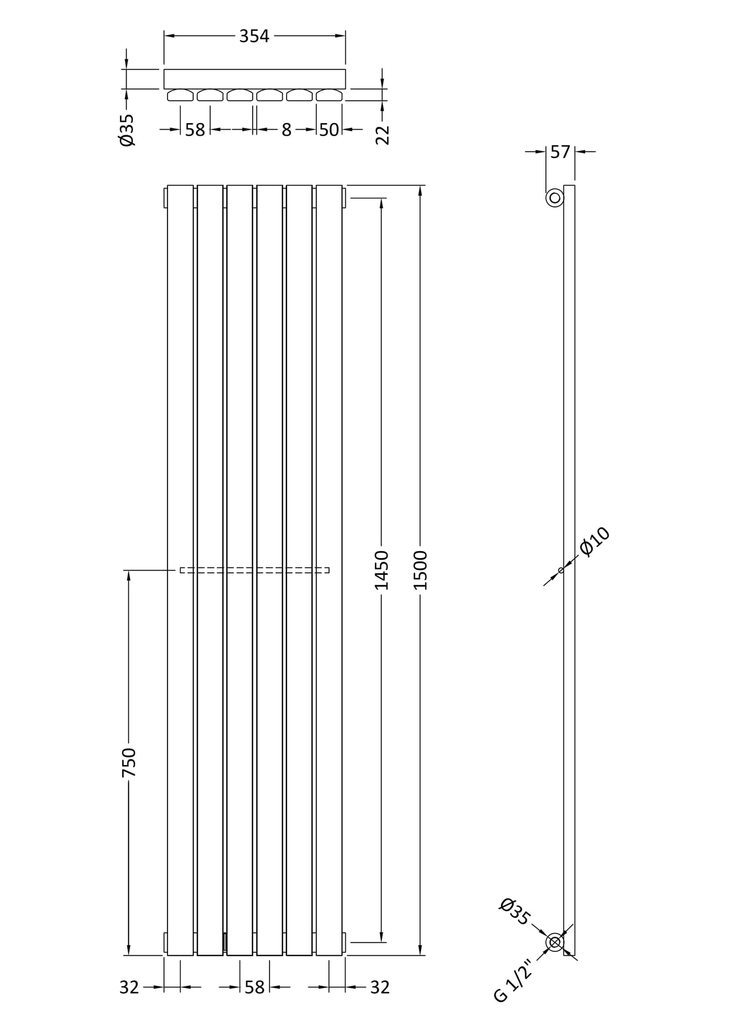 Single Panel Designer Radiator 1500 x 354mm