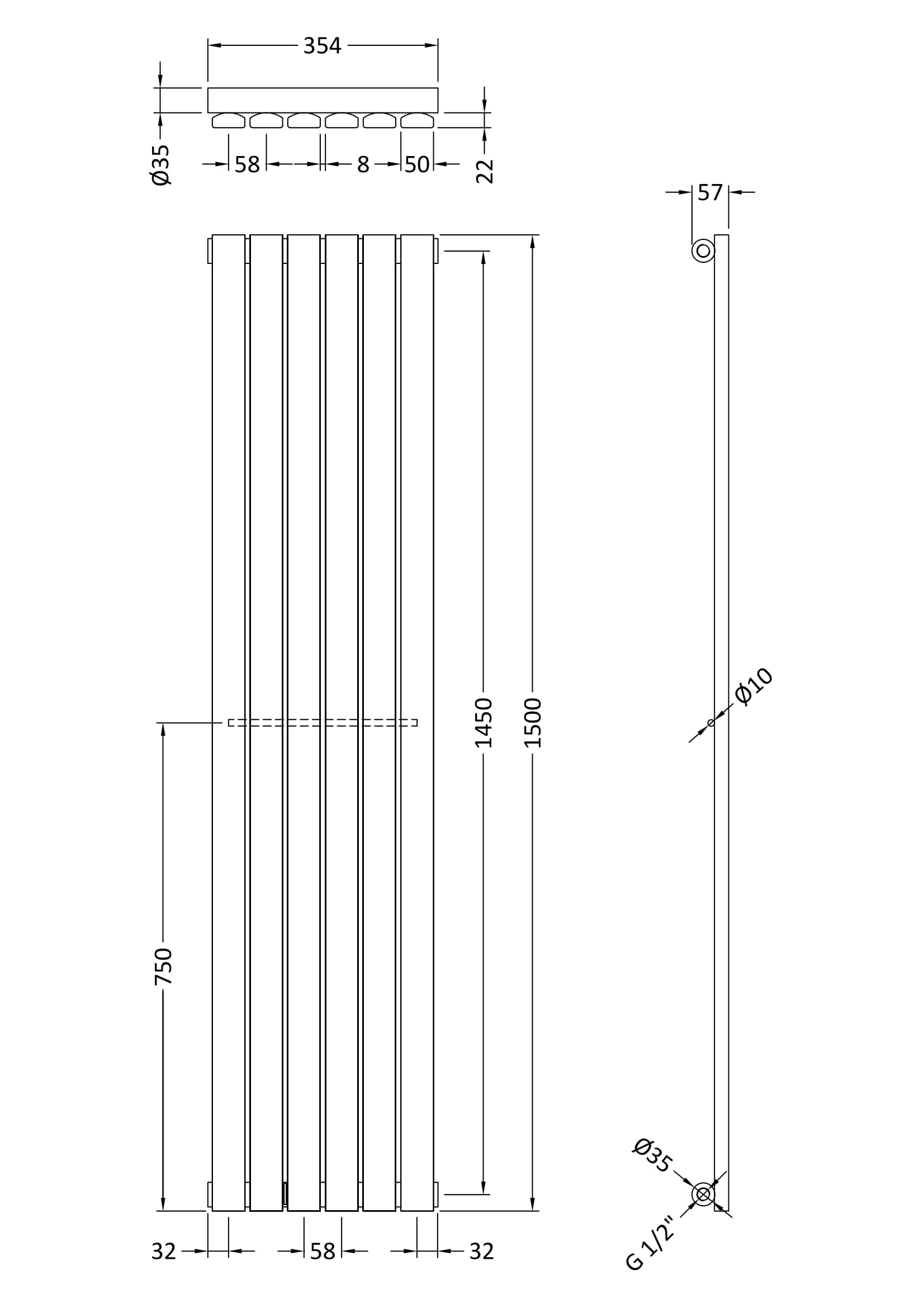Single Panel Designer Radiator 1500 x 354mm