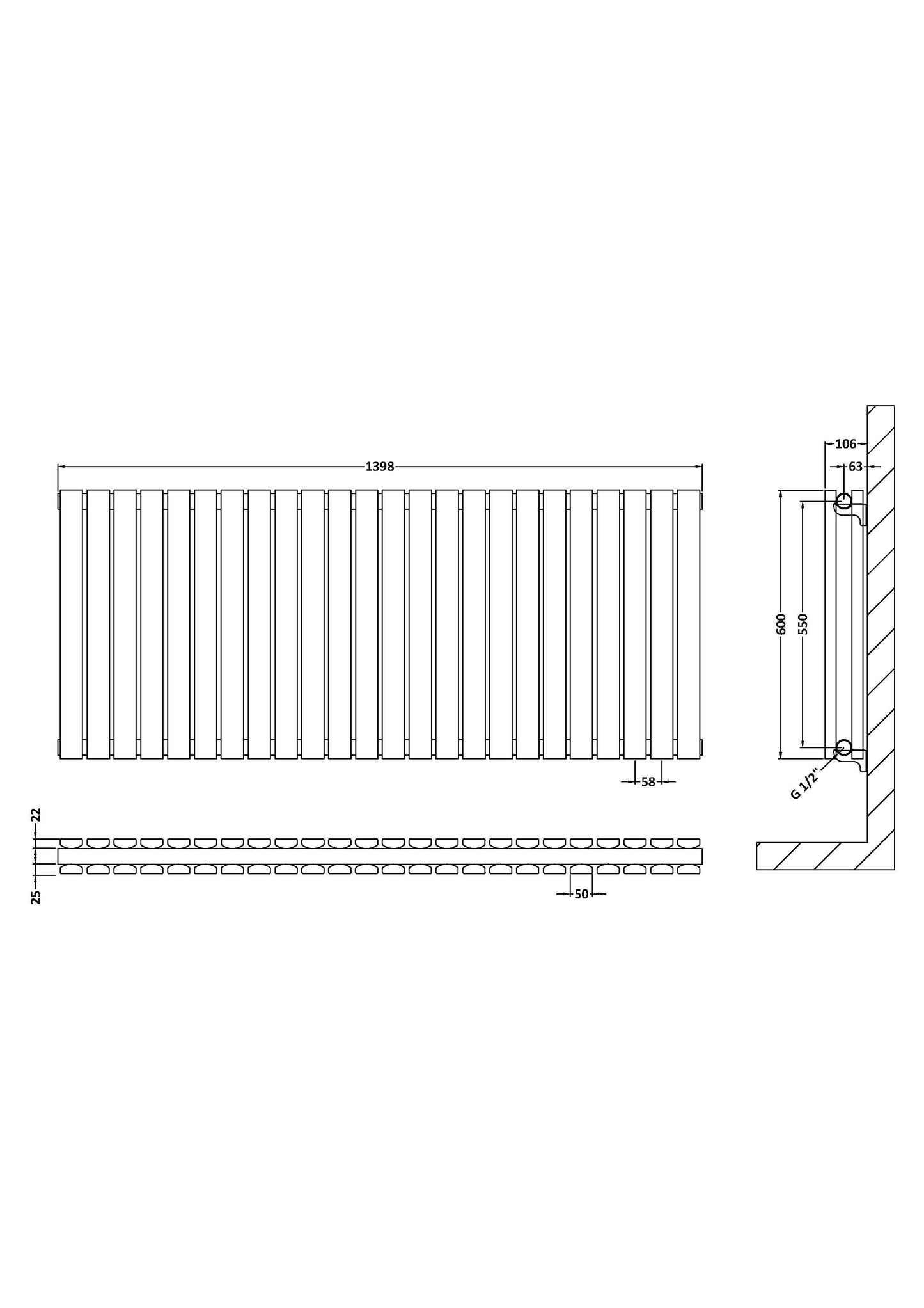 Horizontal Double Panel Radiator 600 x 1398mm