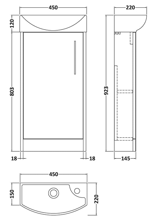 Hudson Reed Juno Compact 450mm Autumn Oak Floor Standing Single Door Unit with 1 Tap Hole Basin Left Hand