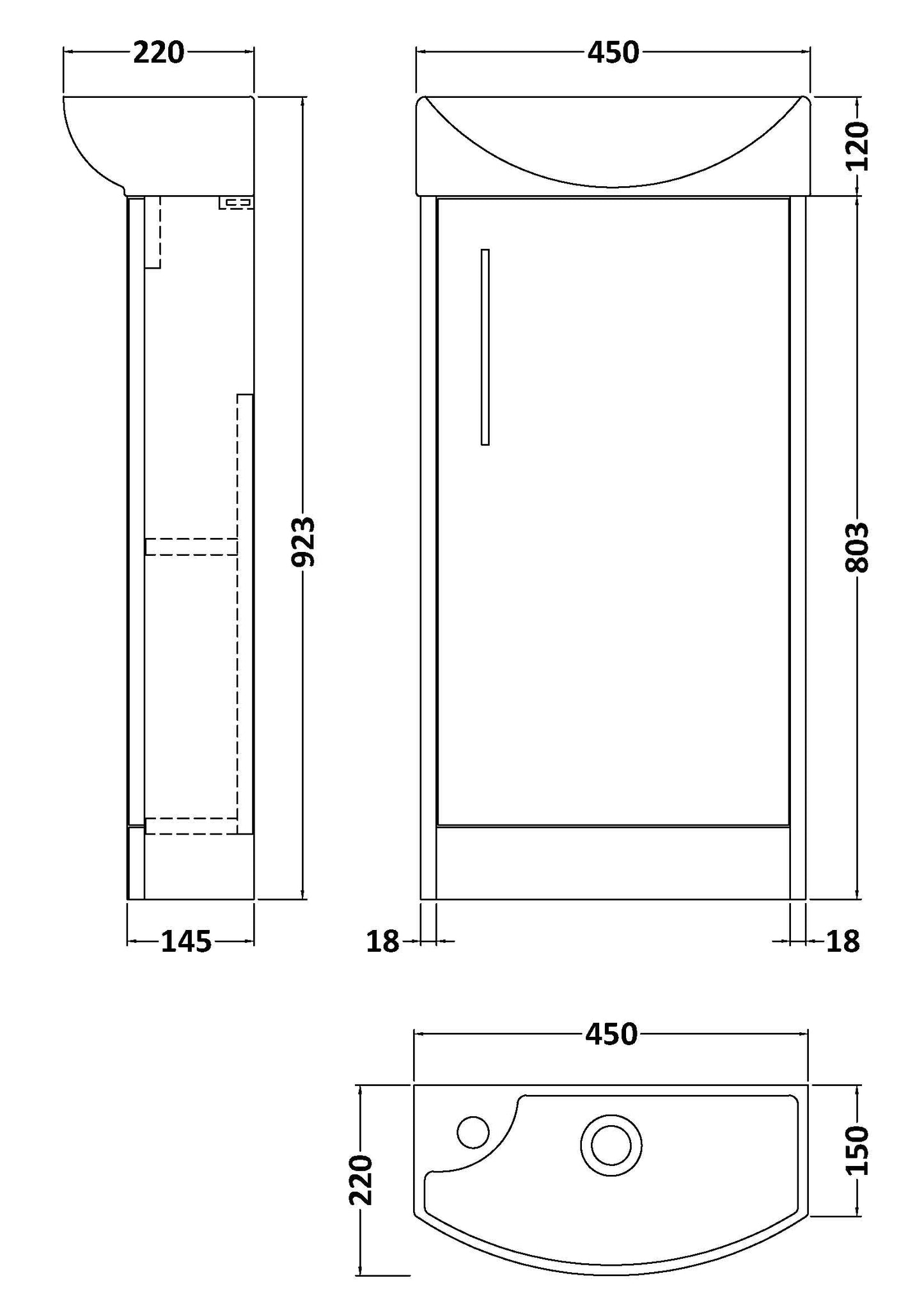 Hudson Reed Juno Compact 450mm Floor Standing Single Door Vanity Unit and Basin with 1 Tap Hole Right Hand