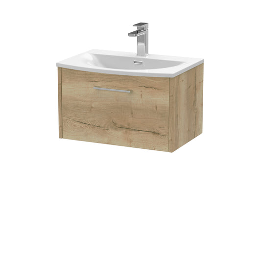 Hudson Reed Juno 600mm Autumn Oak Wall Hung Single Drawer Vanity Unit With Curved 1 Tap Hole Basin