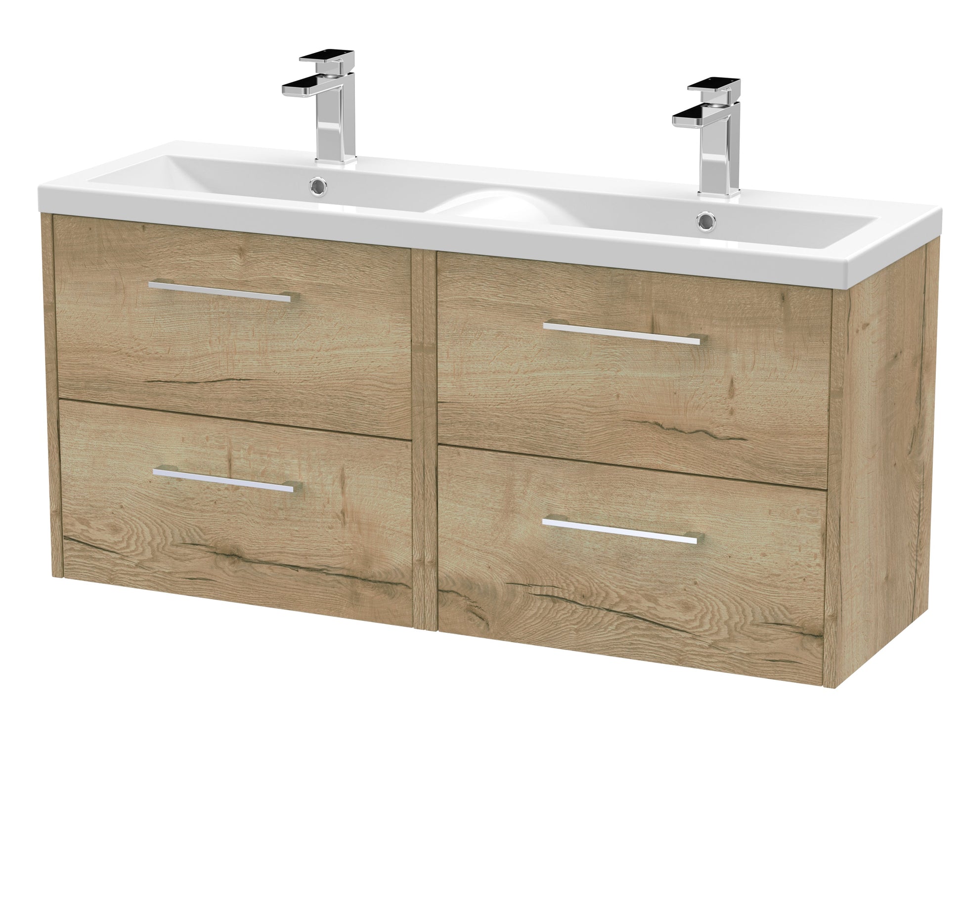 Hudson Reed Juno 1200mm Autumn Oak Wall Hung Vanity Unit Double Basin with Soft-Close Doors