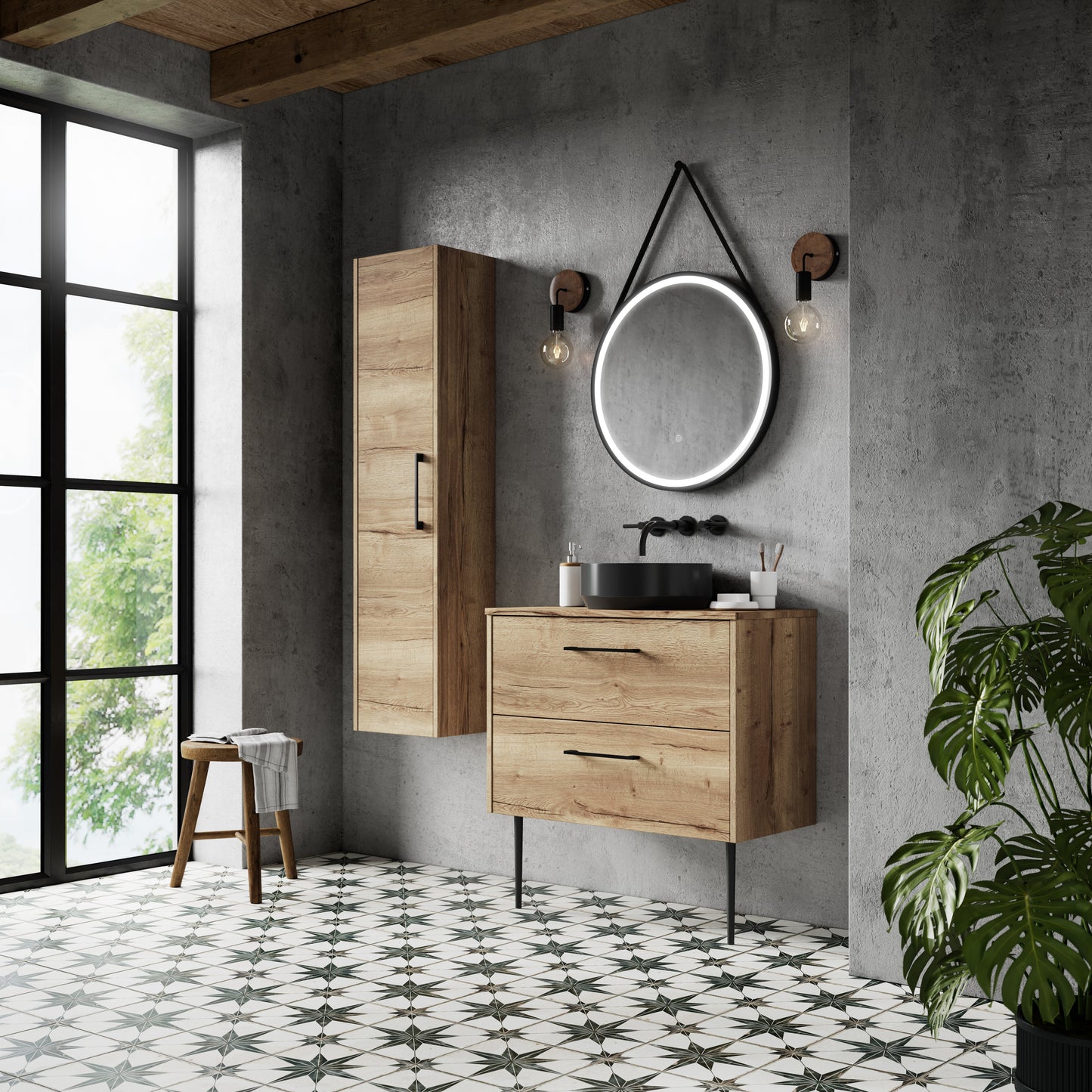 Hudson Reed Juno 800mm Autumn Oak Wall Hung 2-Drawer Vanity Unit With Worktop