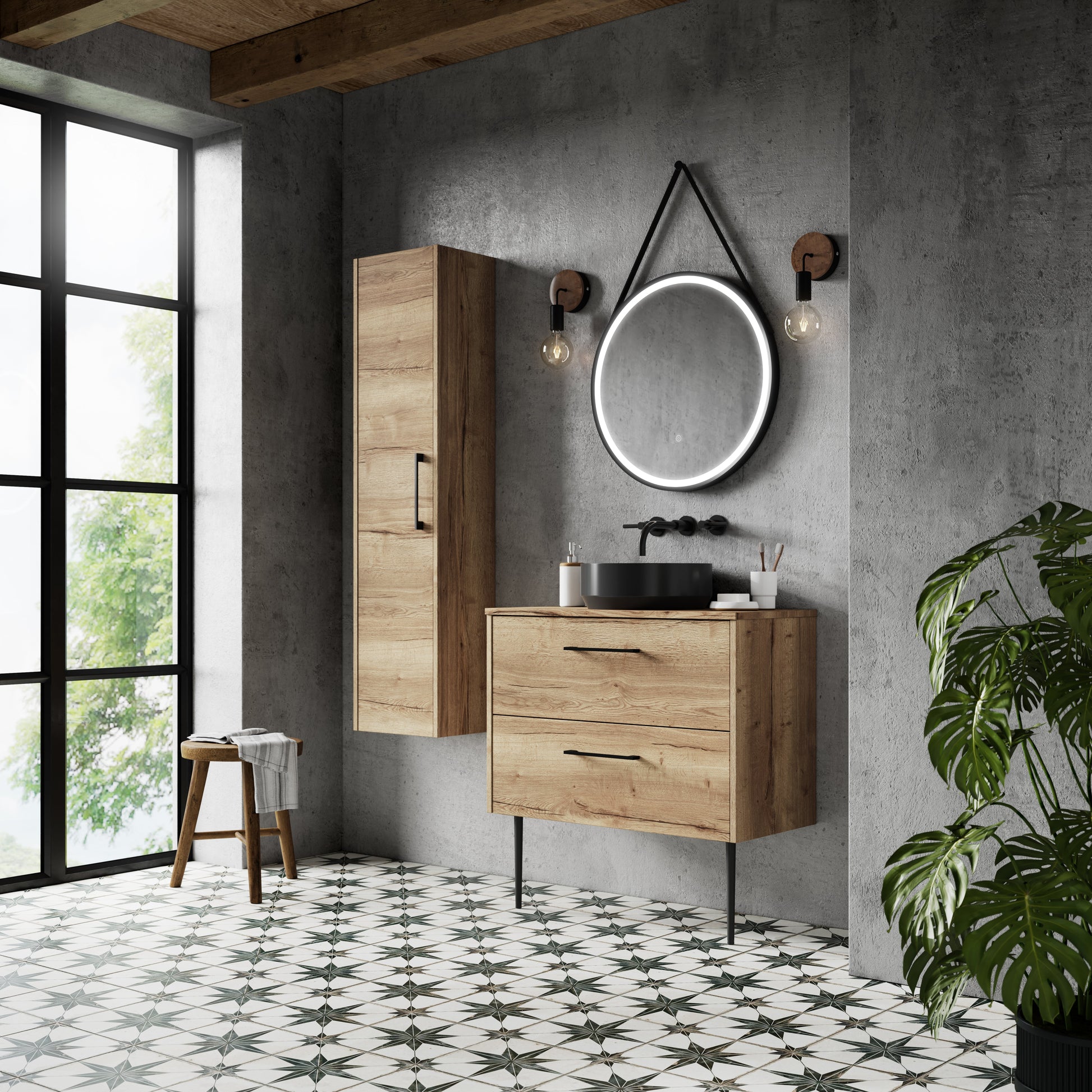 Hudson Reed Juno 800mm Autumn Oak Wall Hung 2-Drawer Vanity Unit With Worktop