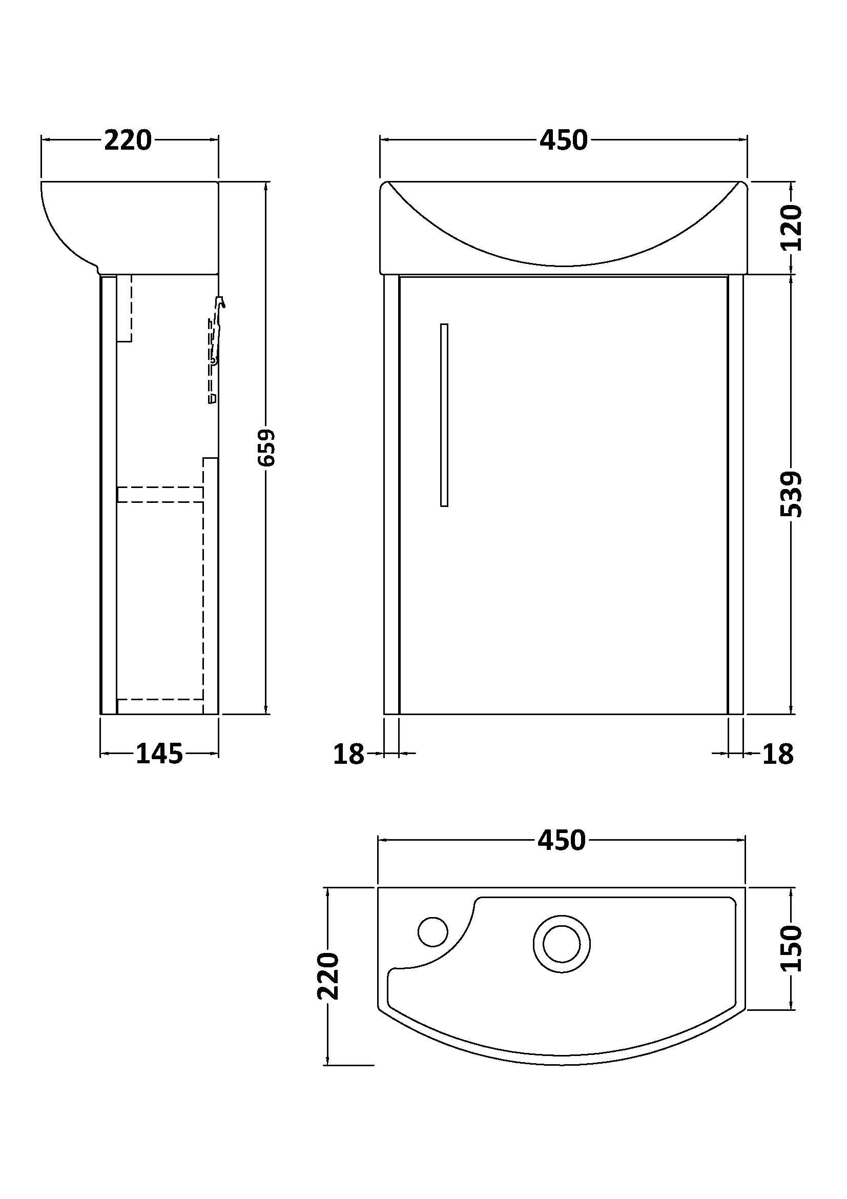 Hudson Reed Juno Compact 440mm Wall Hung Single Door Vanity Unit and Basin With Soft Close Door 1 Tap Hole Right Hand