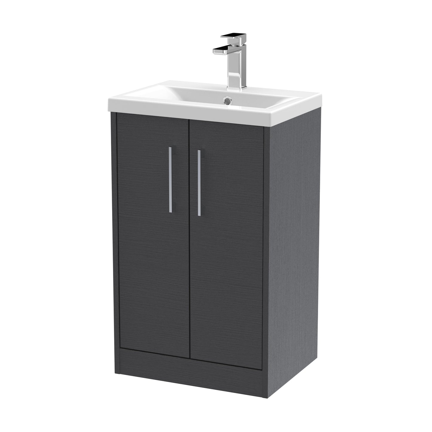 Hudson Reed Juno 500mm Graphite Grey Woodgrain Floor Standing 2-Door Vanity Unit With 1 Tap Hole Basin