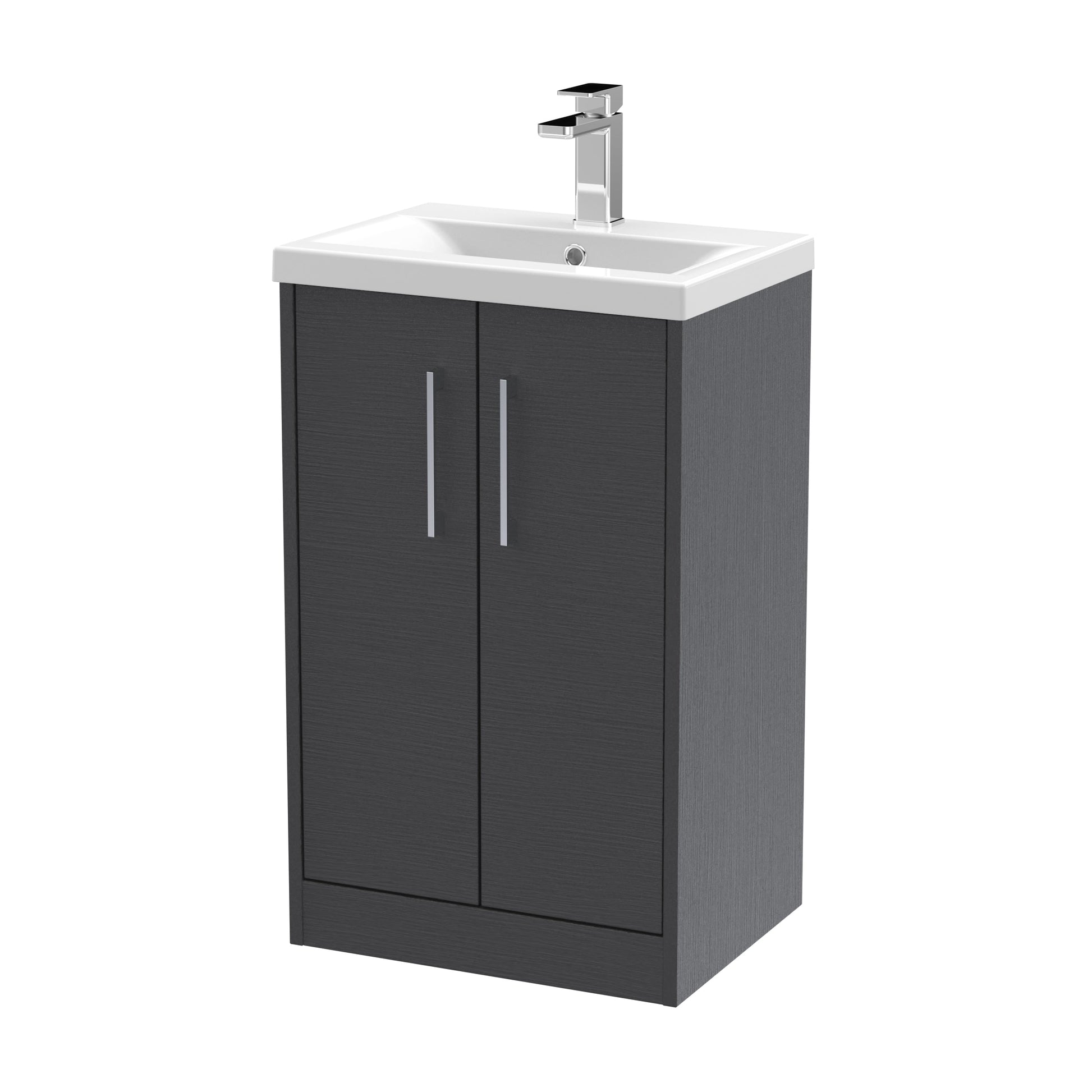 Hudson Reed Juno 500mm Graphite Grey Woodgrain Floor Standing 2-Door Vanity Unit With 1 Tap Hole Basin