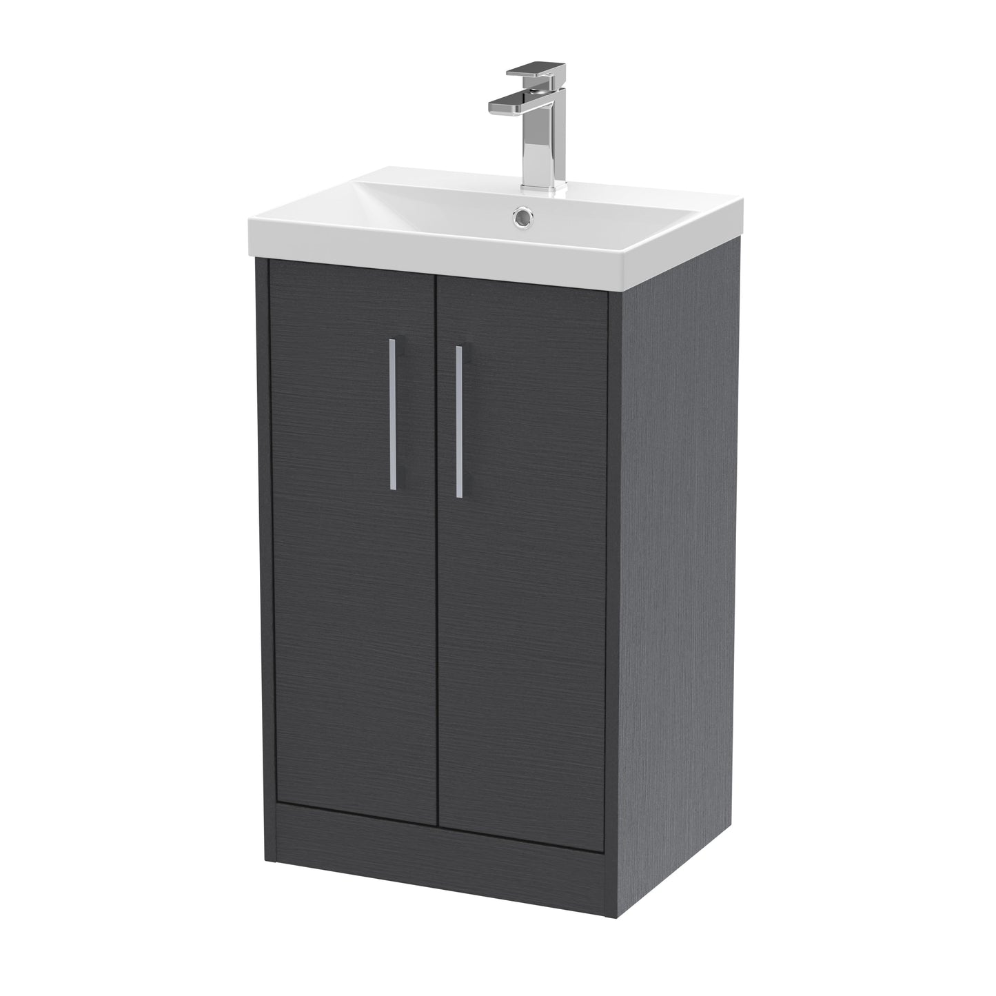 Hudson Reed Juno 500mm Floor Standing Graphite Grey Woodgrain 2-Door Vanity Unit with 1 Tap Hole Basin