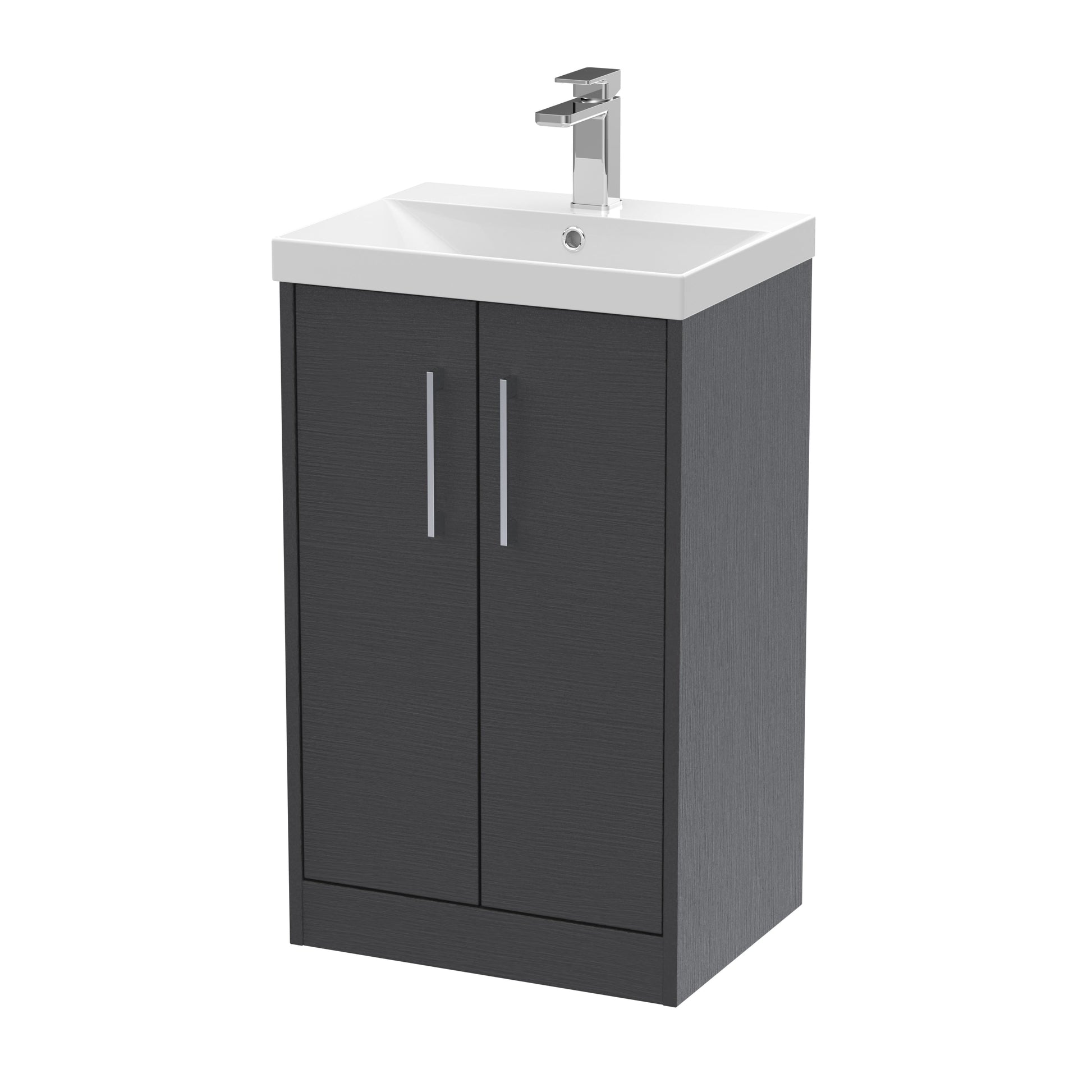 Hudson Reed Juno 500mm Floor Standing Graphite Grey Woodgrain 2-Door Vanity Unit with 1 Tap Hole Basin