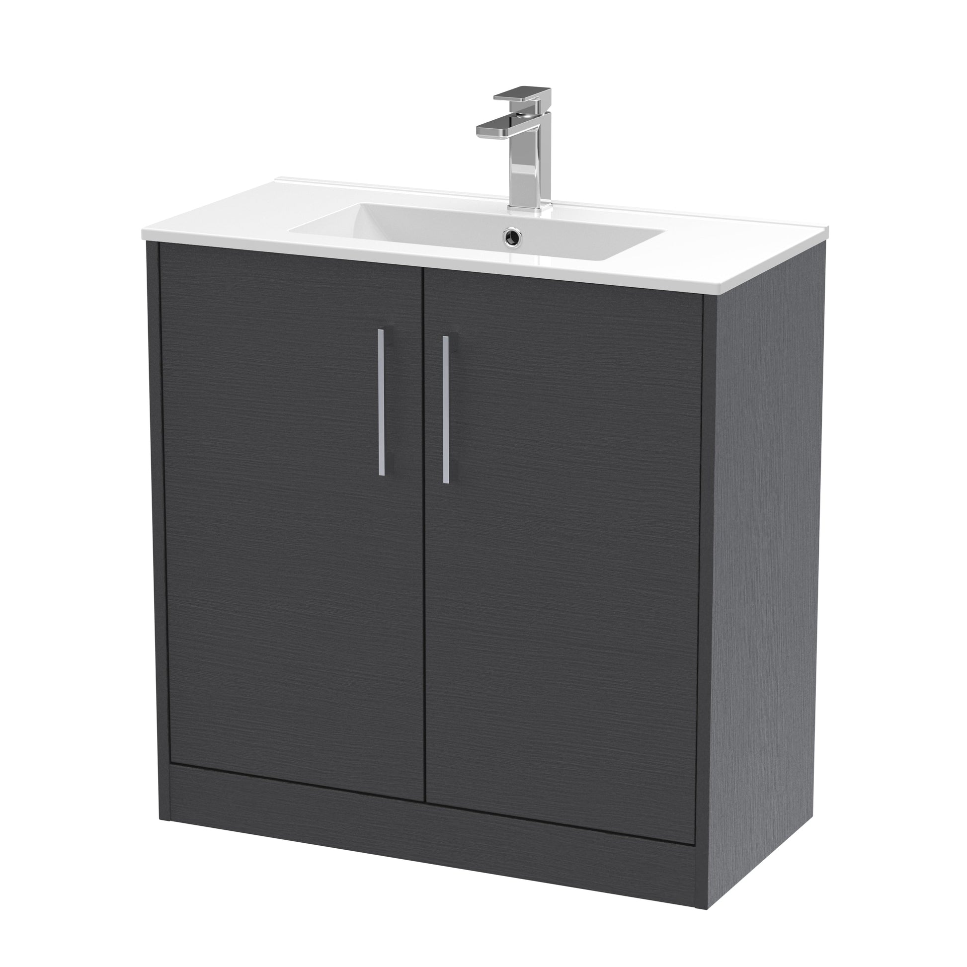 Hudson Reed Juno 800mm Graphite Grey Woodgrain Floor Standing 2-Door Vanity Unit & 1 Tap Hole Basin