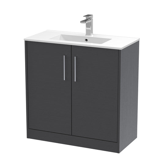 Hudson Reed Juno 800mm Graphite Grey Woodgrain Floor Standing 2-Door Vanity Unit & 1 Tap Hole Basin