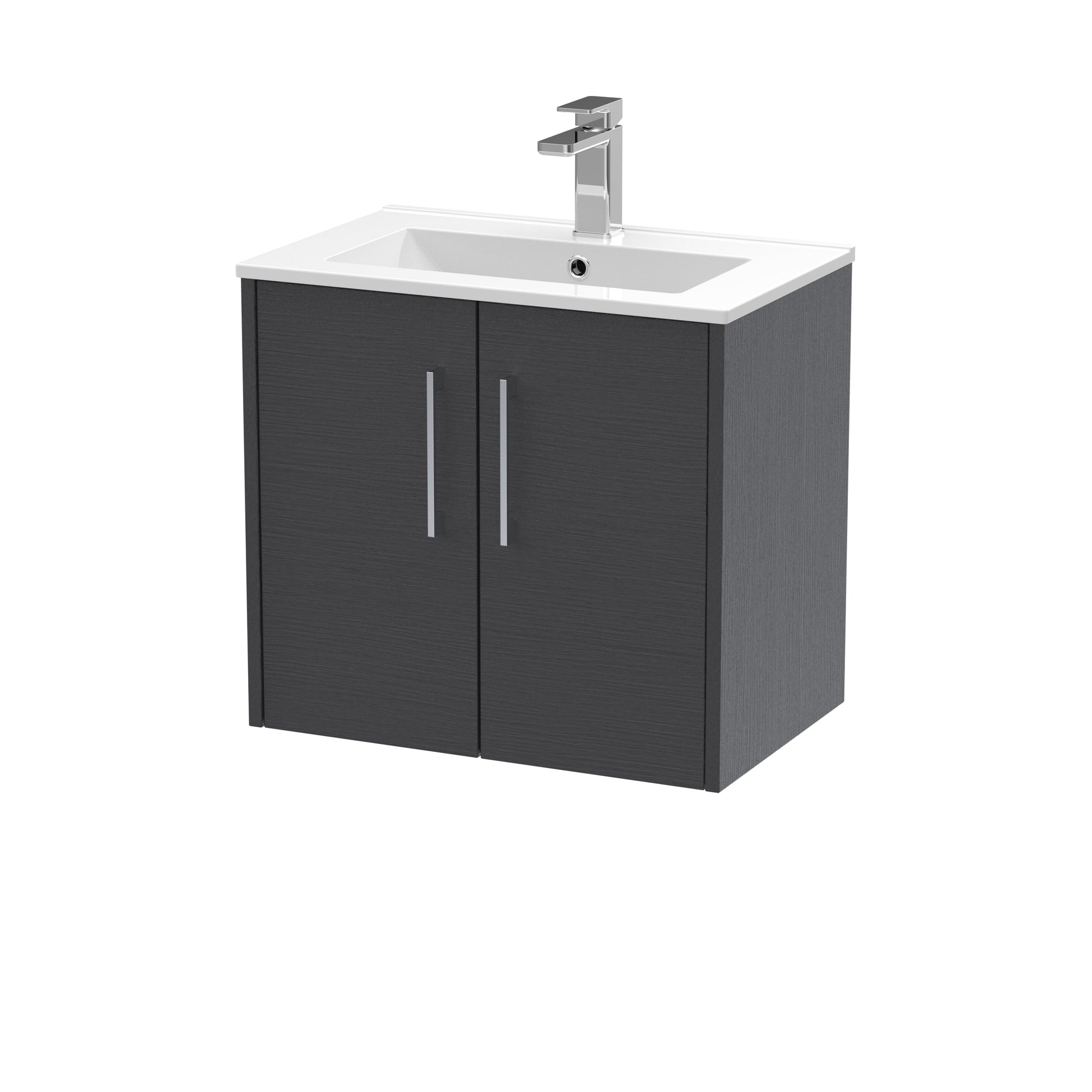 Hudson Reed Juno 600mm Wall Hung Graphite Grey Woodgrain 2-Door Vanity Unit With 1 Tap Hole Basin