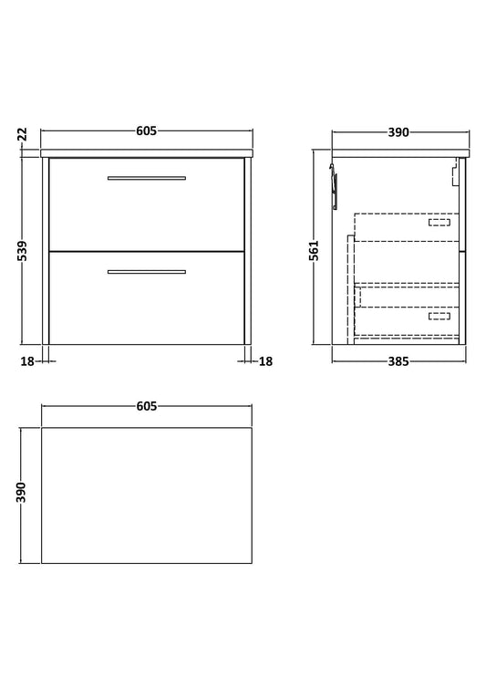 Hudson Reed Juno 600mm Graphite Grey Wall Hung 2-Drawer Vanity Unit With Laminate Top & Soft Close Drawers