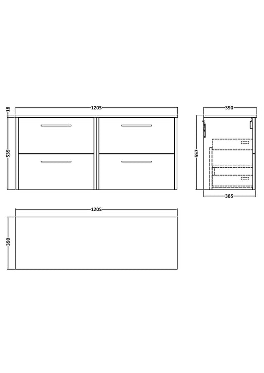 Hudson Reed Juno 1200mm Wall Hung 4-Drawer Vanity Unit Including Worktop
