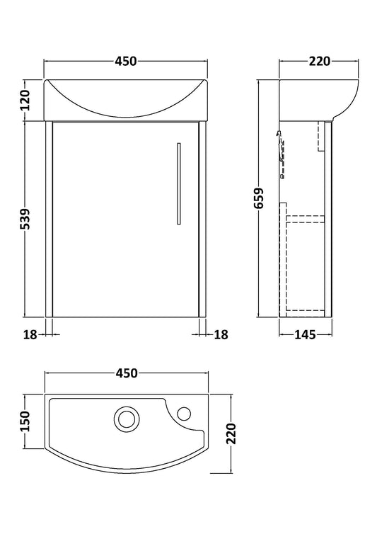 Hudson Reed Juno Compact 440mm Wall Hung Single Door Vanity Unit With 1 Tap Hole Left Hand Basin