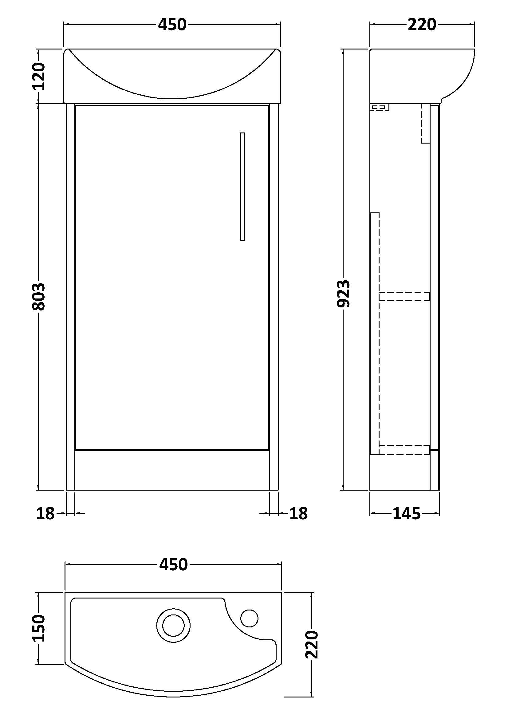 Hudson Reed Juno Compact 450mm Left Hand Floor Standing Single Door Vanity Unit with 1 Tap Hole Basin