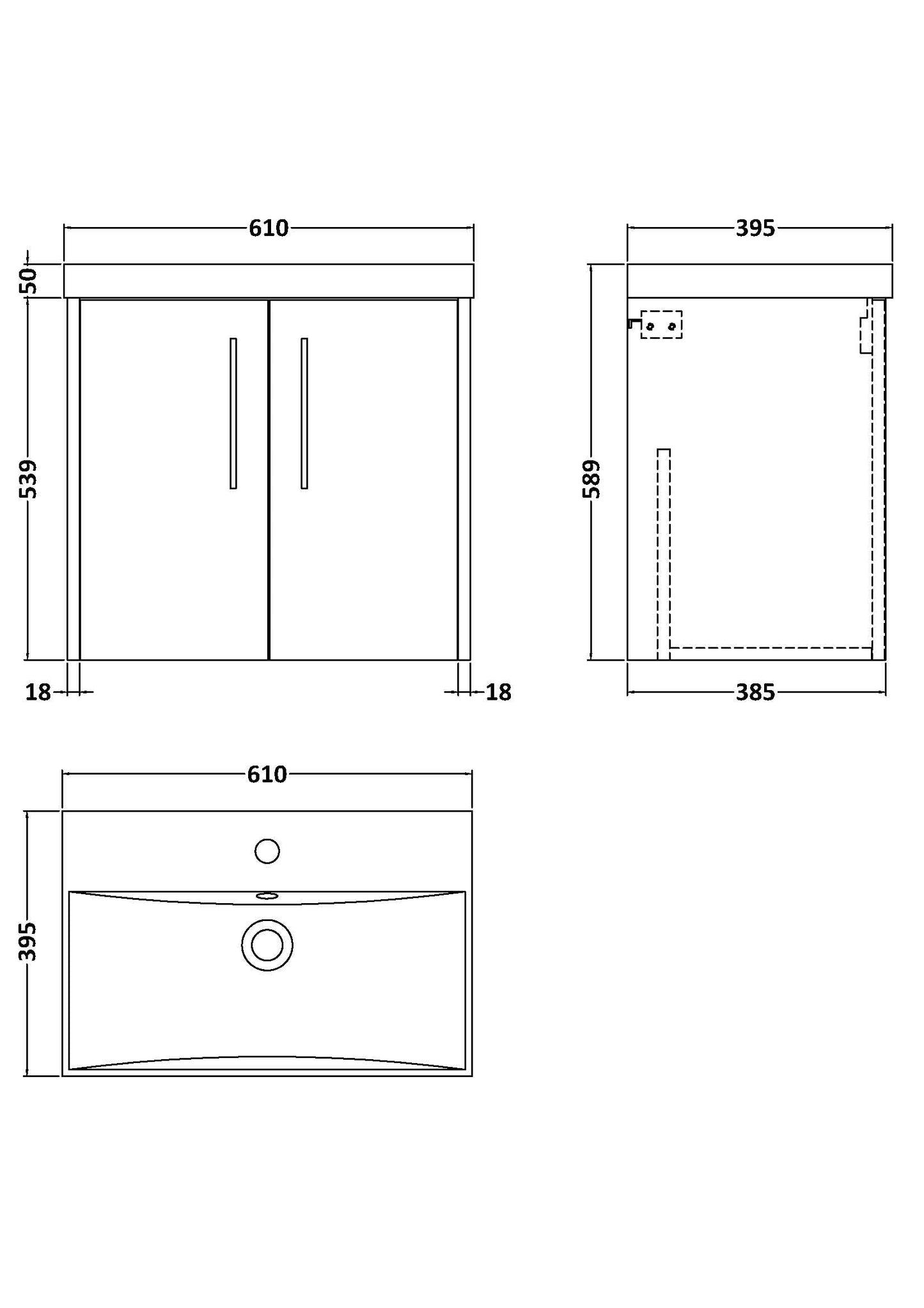 Hudson Reed Juno 600mm Coastal Grey Wall Hung 2-Door Vanity Unit with Basin and 1 Tap Hole