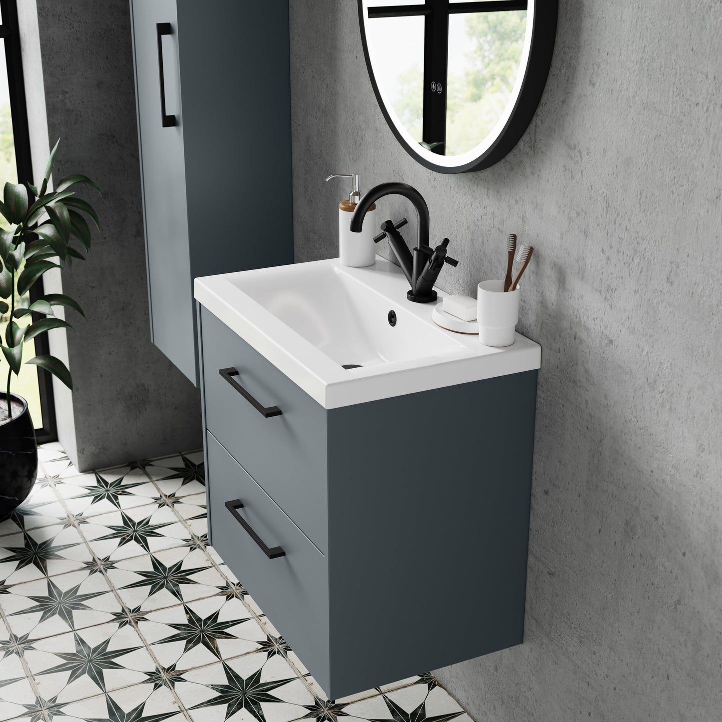 Hudson Reed Juno 600mm Coastal Grey Wall Hung 2-Drawer Vanity Unit With 1 Tap Hole Basin