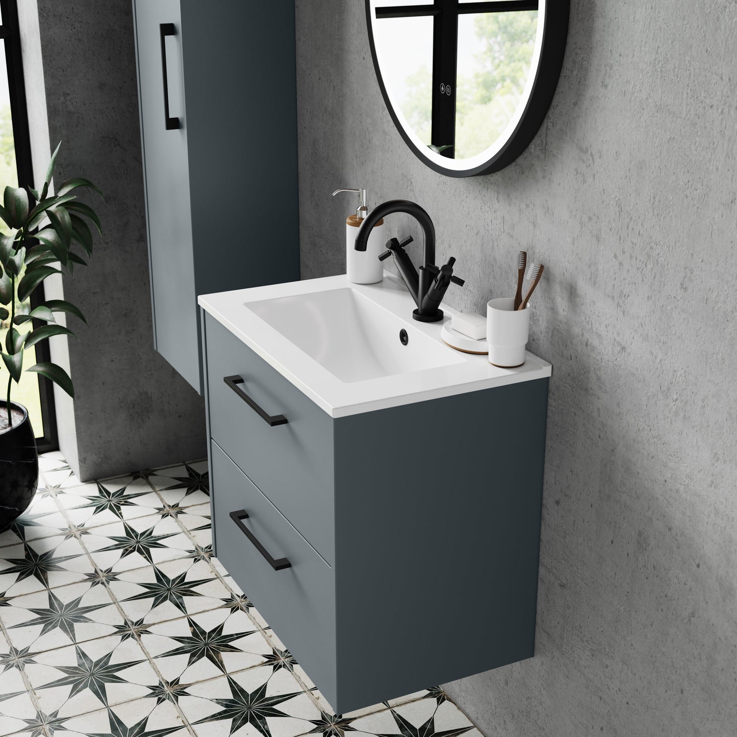Hudson Reed Juno 600mm Wall Hung 2-Drawer Vanity & 1 Tap Hole Basin