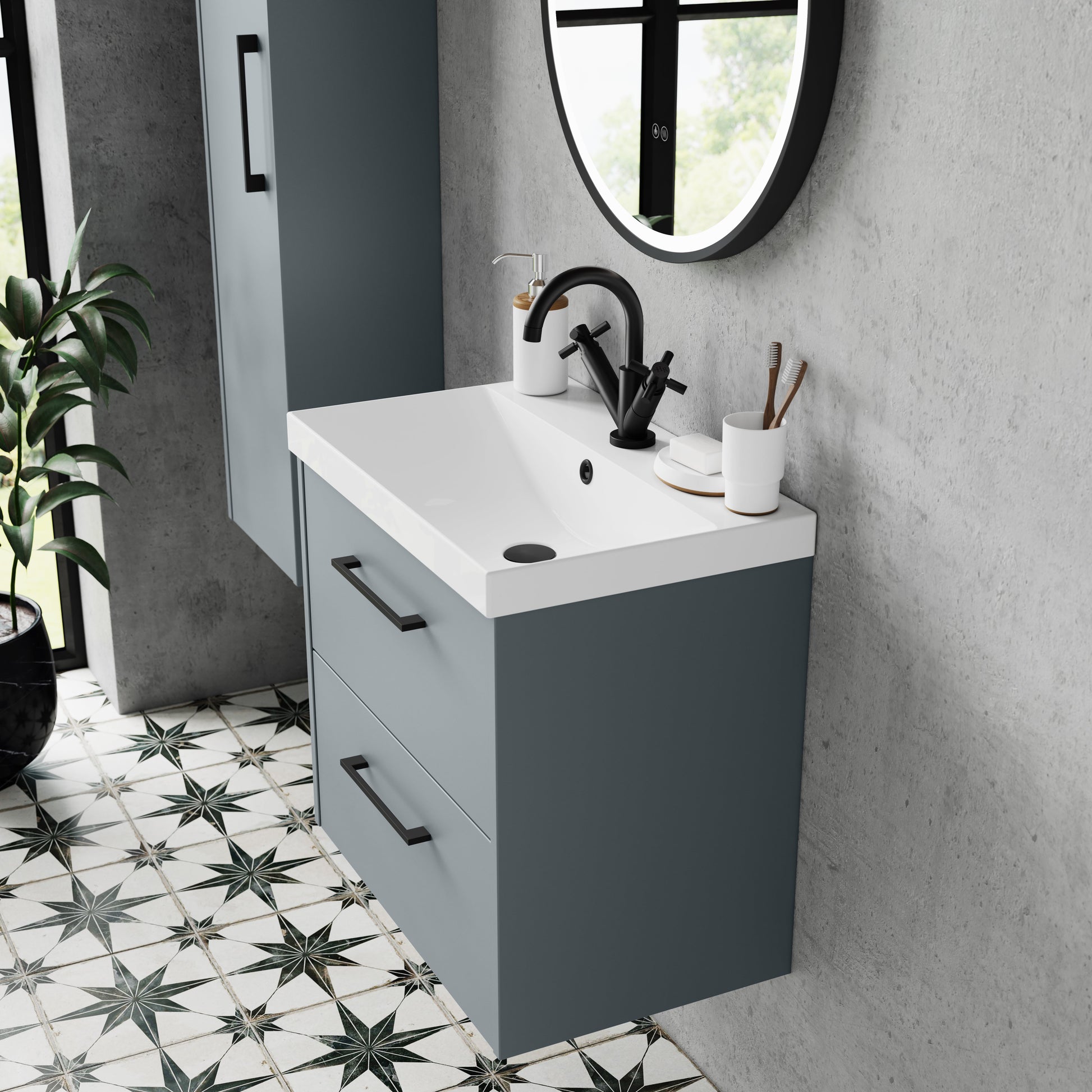 Hudson Reed Juno 600mm Coastal Grey Wall Hung 2-Drawer Soft Close Vanity Unit With 1 Tap Hole Basin