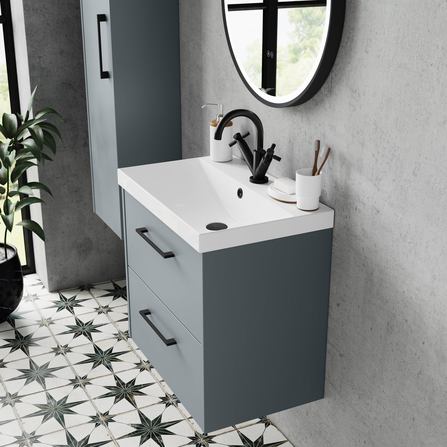 Hudson Reed Juno 800mm Coastal Grey Wall Hung 2-Drawer Vanity Unit & 1 Tap Hole Basin