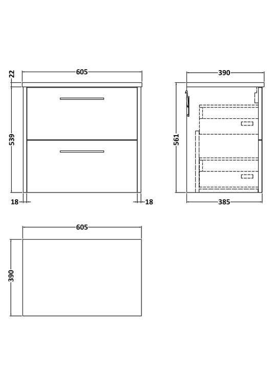 Hudson Reed Juno 600mm Wall Hung 2-Drawer Vanity With Laminate Top