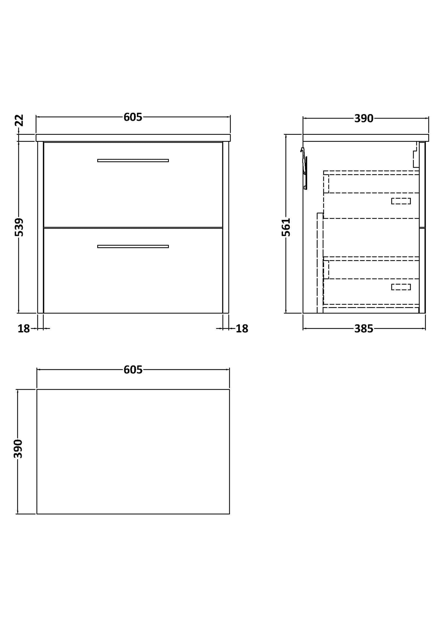 Hudson Reed Juno 600mm Wall Hung 2-Drawer Soft Close Vanity Unit With Laminate Top